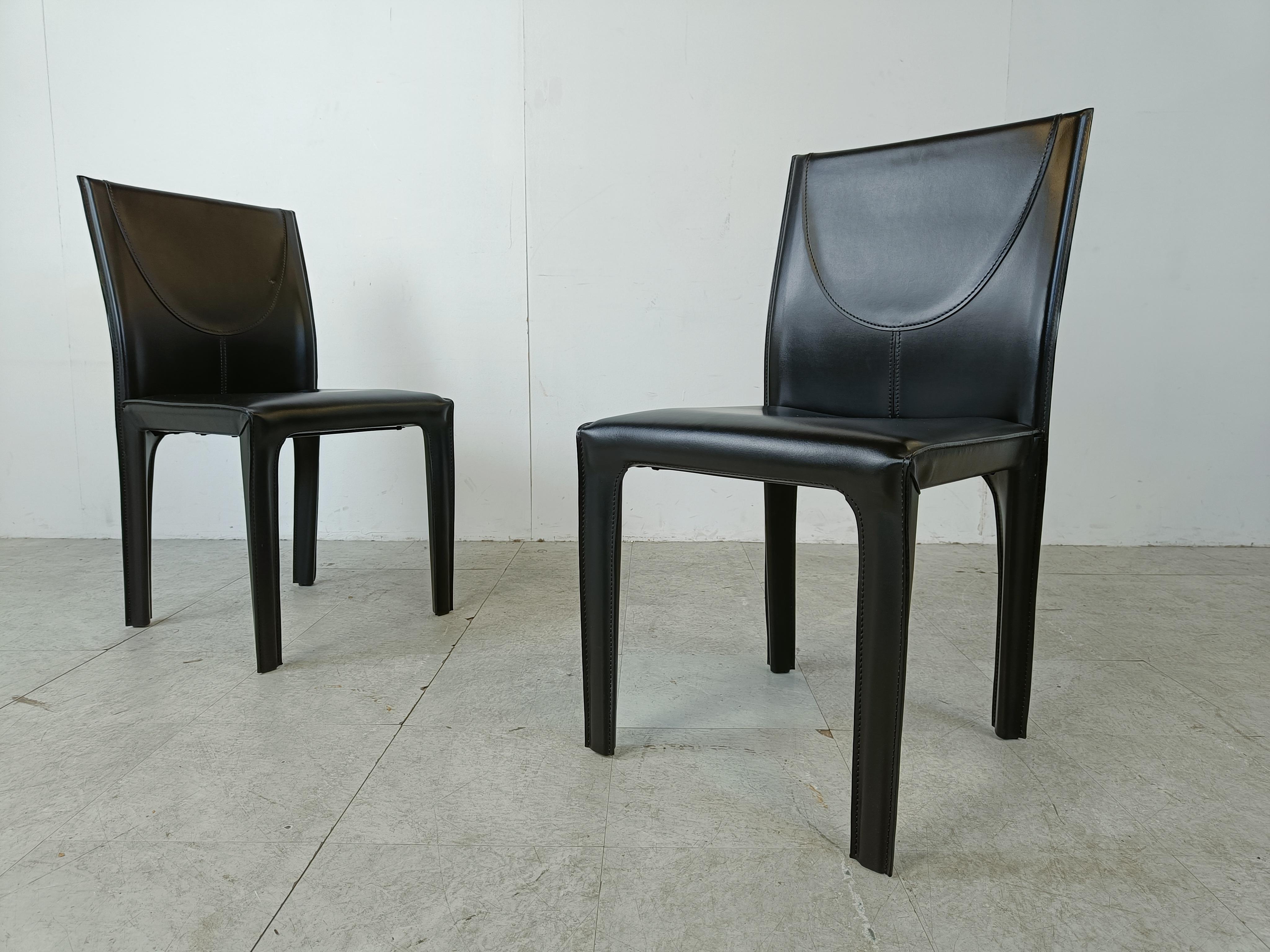 Leather Black leather dining chairs by Arper italy, 1980s - set of 6