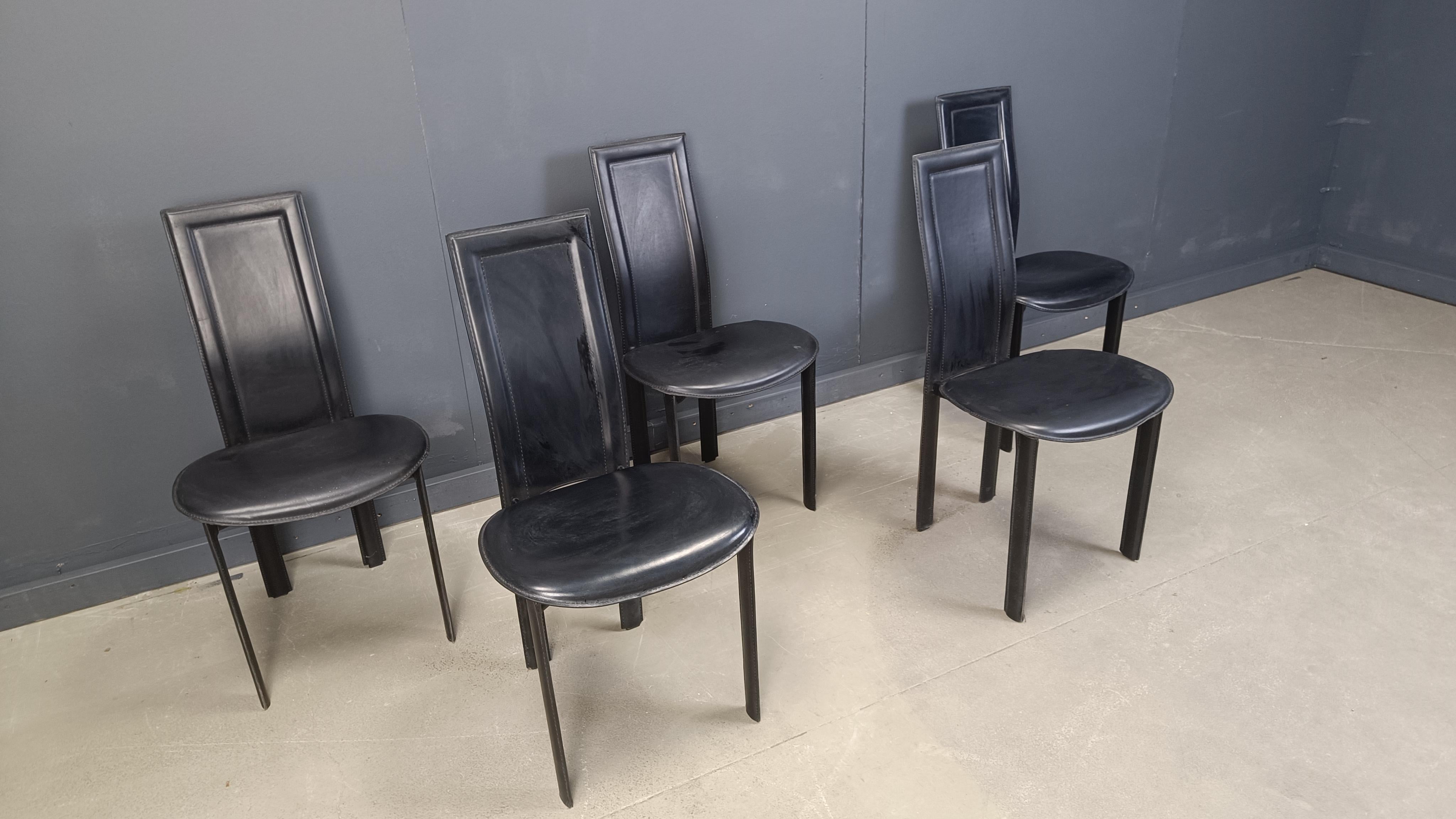 Late 20th Century Black leather dining chairs by Cattelan Italy, 1980s - set of 5