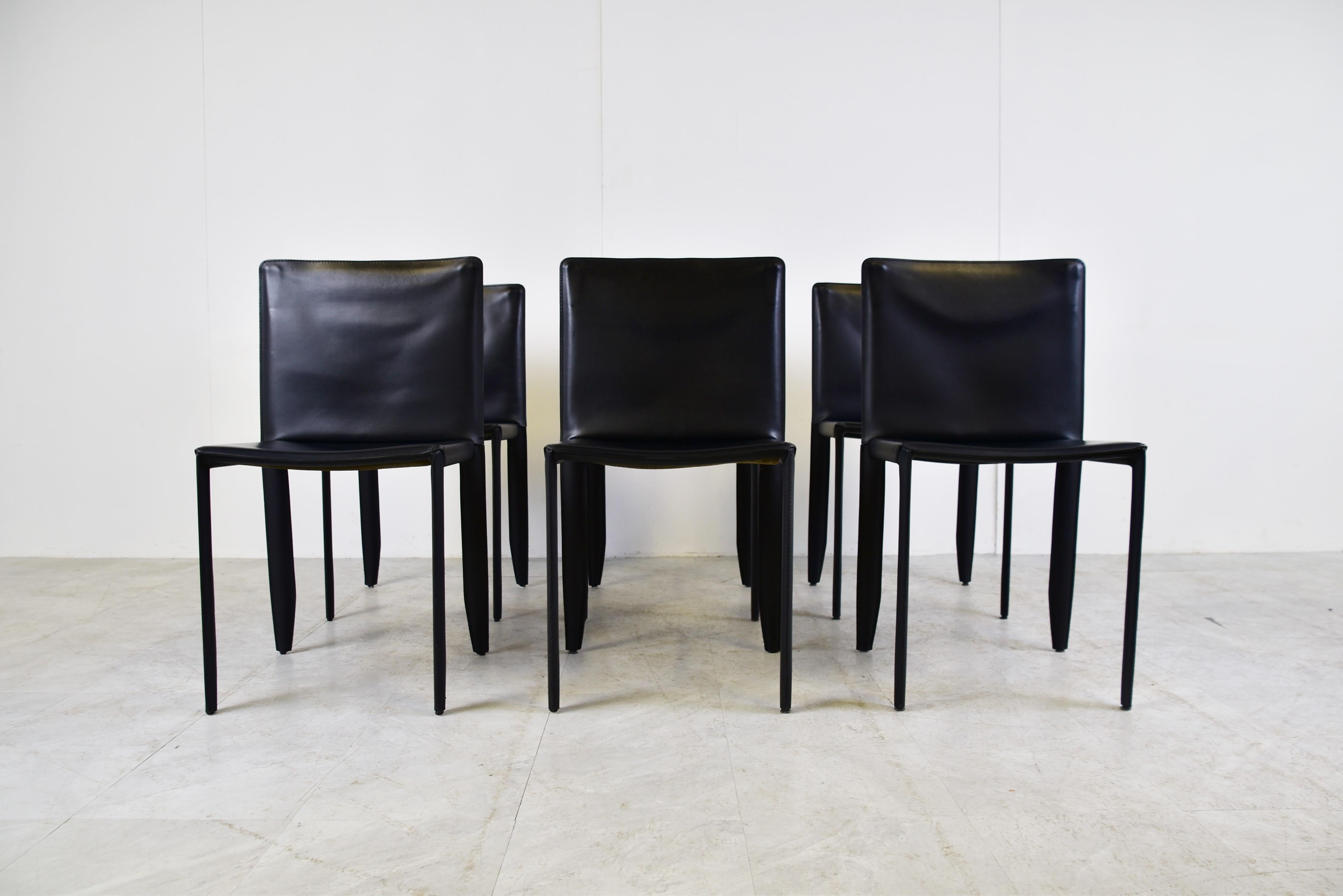 Mid-Century Modern Black Leather Dining Chairs by Cattelan Italy, Set of 6, 1980s