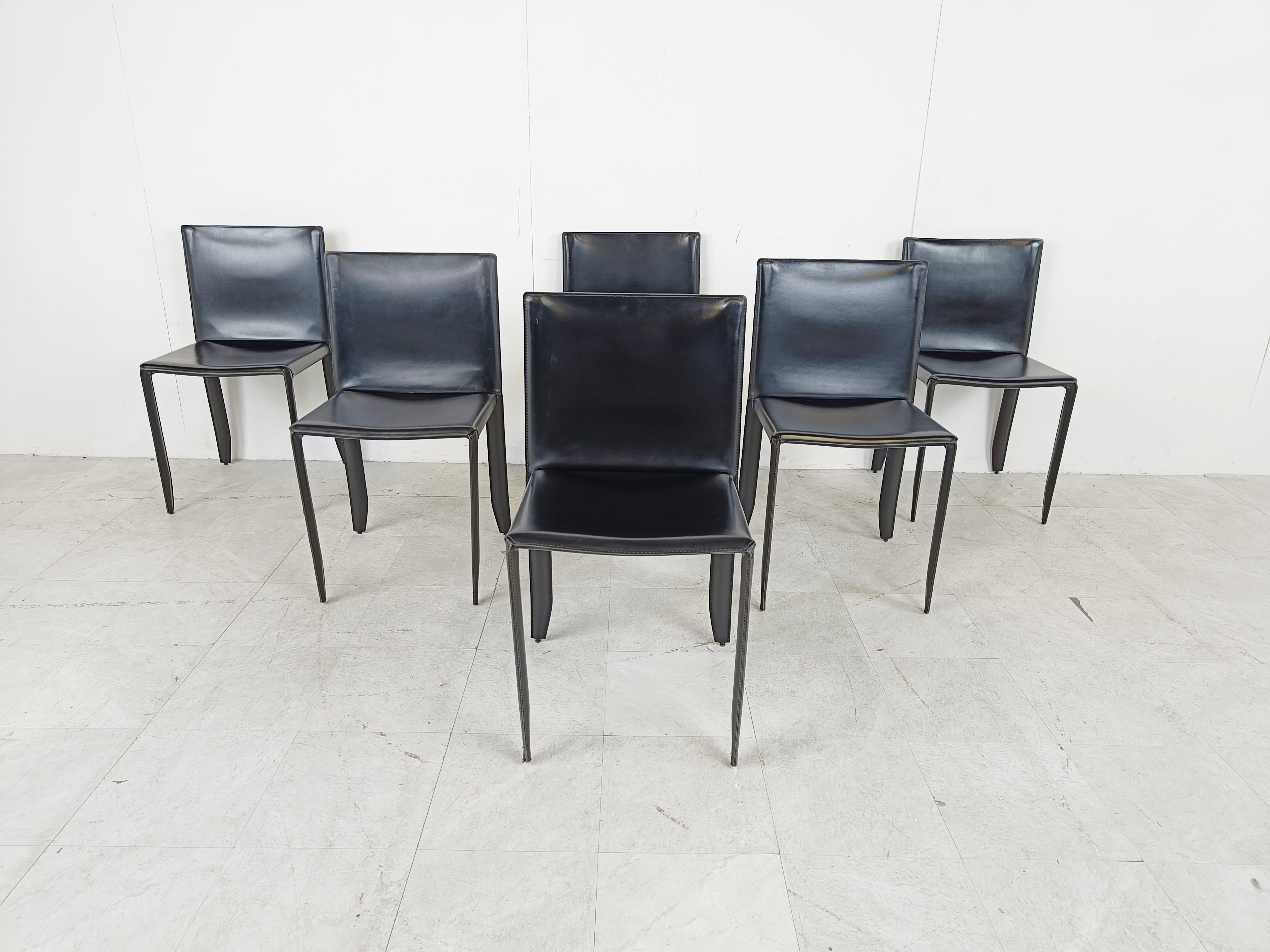 Mid-Century Modern Black Leather Dining Chairs by Cattelan Italy, Set of 6 - 1980s For Sale
