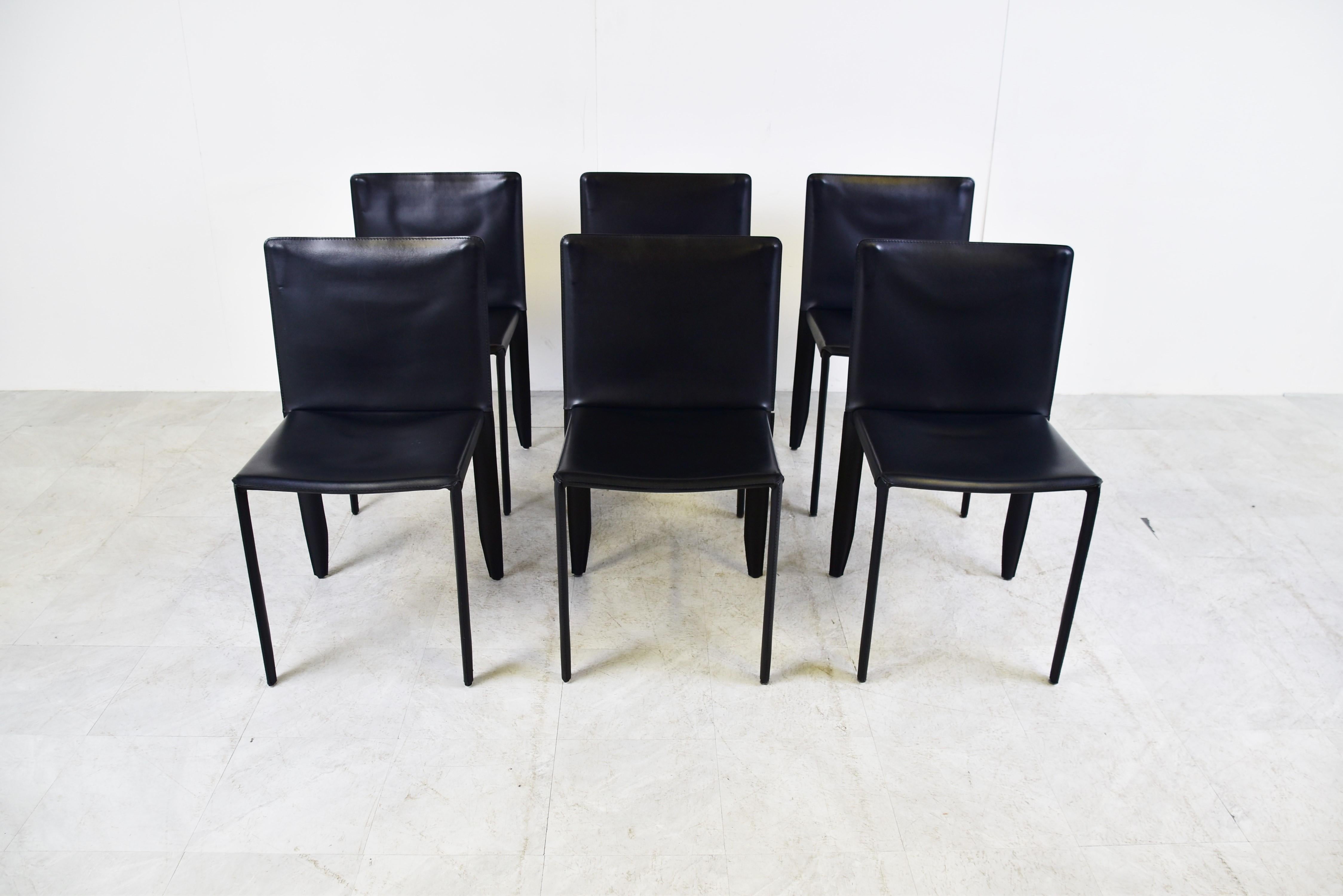 Italian Black Leather Dining Chairs by Cattelan Italy, Set of 6, 1980s