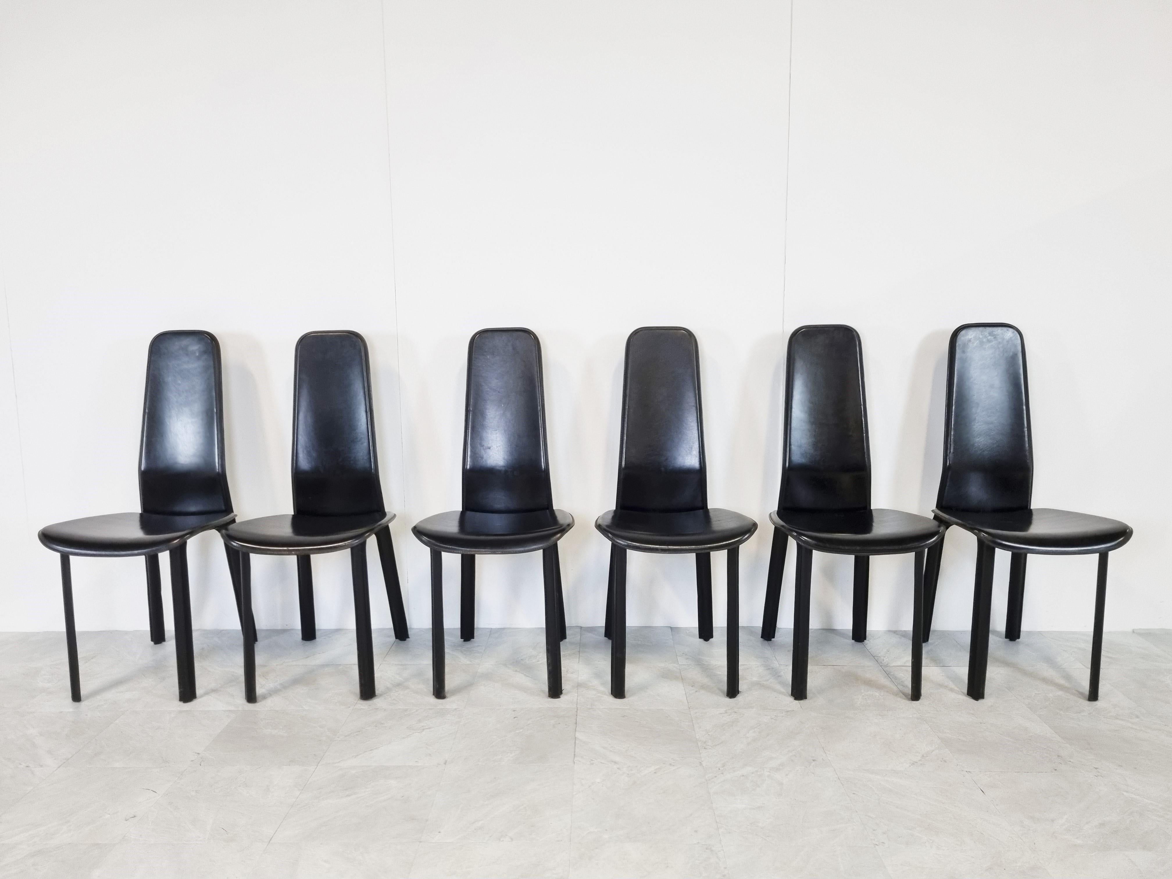 Mid-Century Modern Black Leather Dining Chairs by Cidue, 1980s, Set of 6