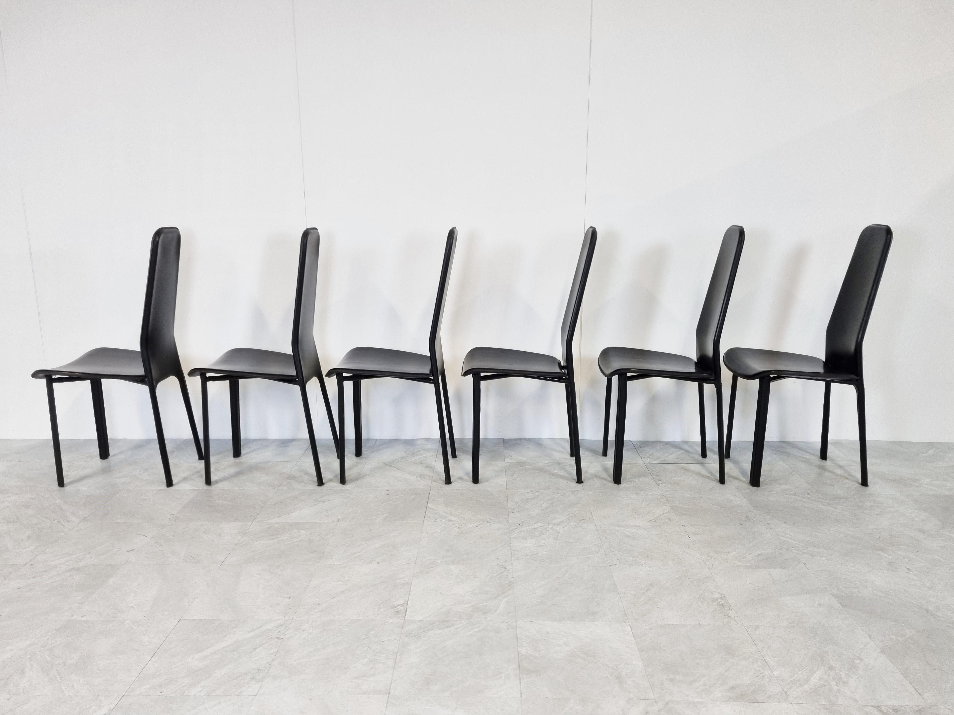 Italian Black Leather Dining Chairs by Cidue, 1980s, Set of 6