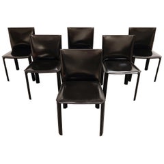 Black Leather Dining Chairs by De Couro Brazil, 1980s, Set of 6