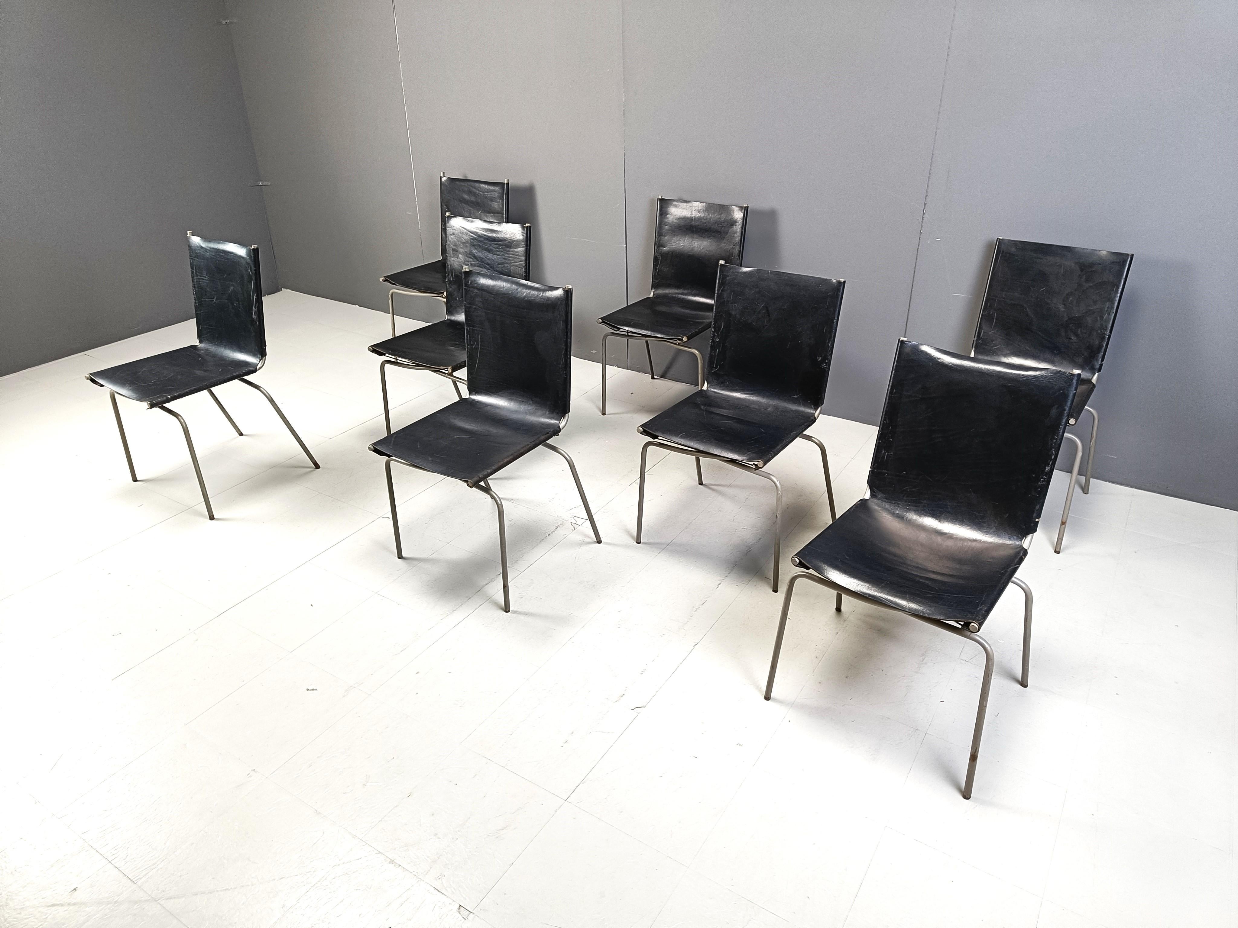 Black leather dining chairs by Fabiaan Van Severen, 1990s In Fair Condition In Leuven, Vlaams Gewest