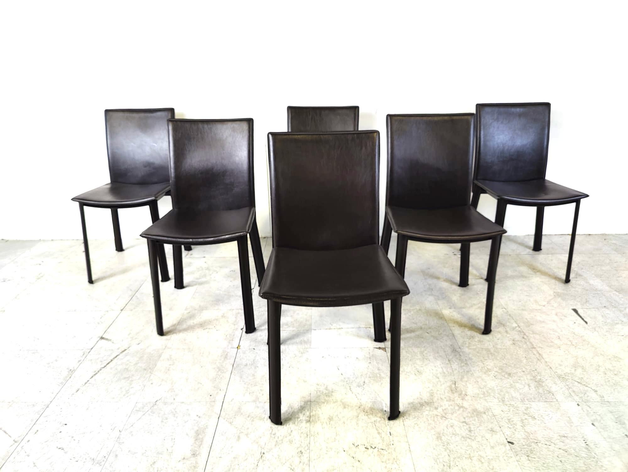 Vintage black leather upholstered dining chairs by Cattelan italy.

Comfortable dining chairs with nicely stiched leather.

Good overal condition

1980s - Italy

Dimensions
Height: 86cm
Width x depth :46cm
Seat height: 46cm

Ref.: 474747

*Price is