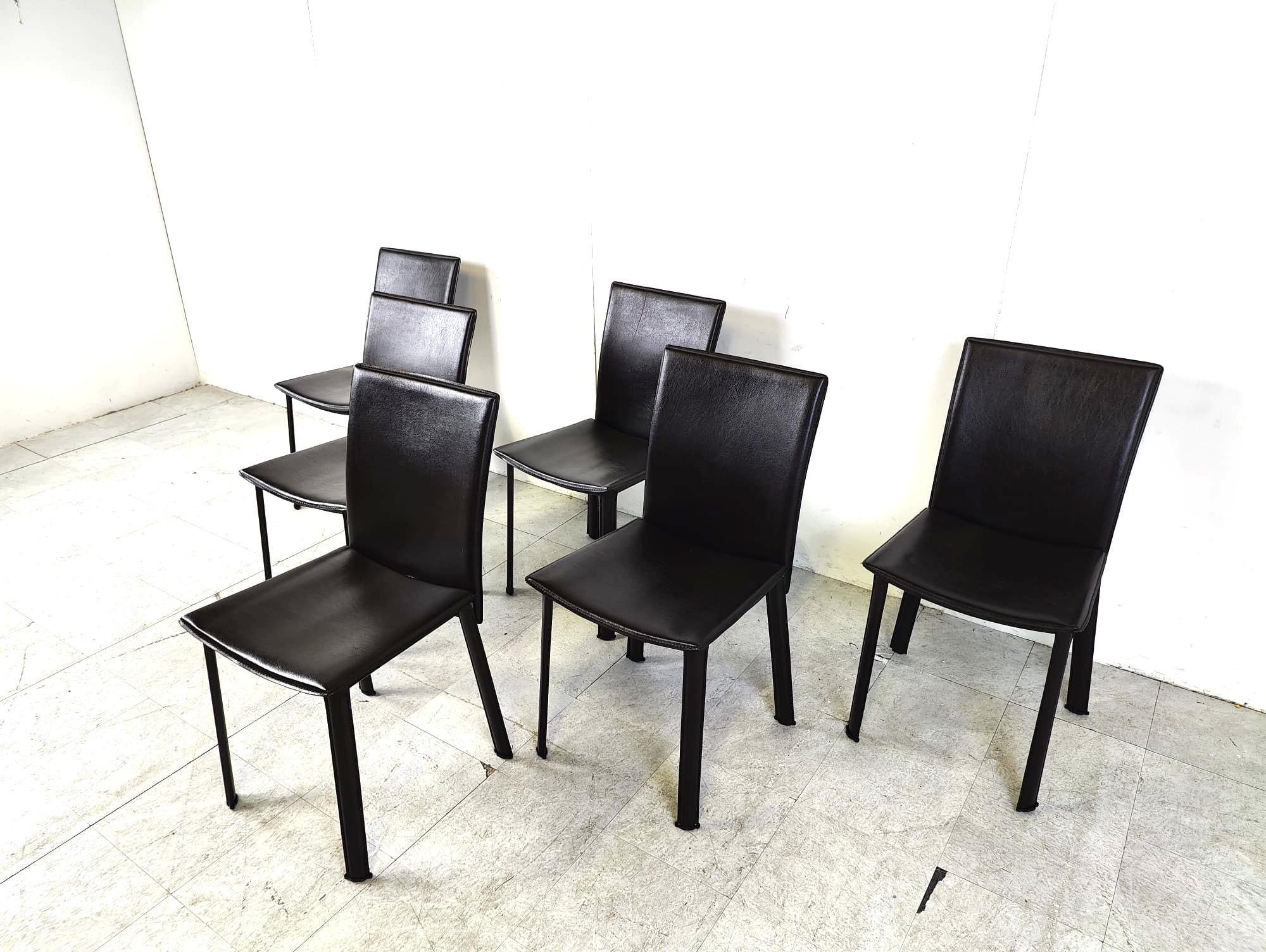 Black leather dining chairs, set of 6 - 1980s For Sale 1
