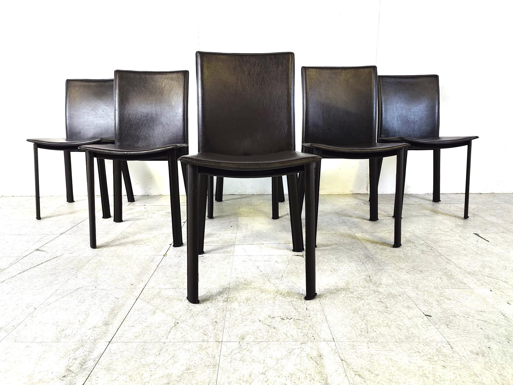 Black leather dining chairs, set of 6 - 1980s For Sale 2