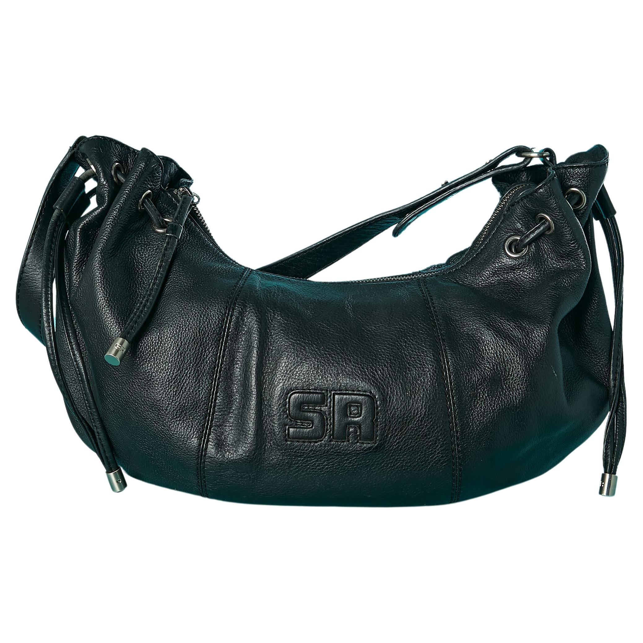 Black leather drawstrings bag with shoulder strap Sonia Rykiel  For Sale