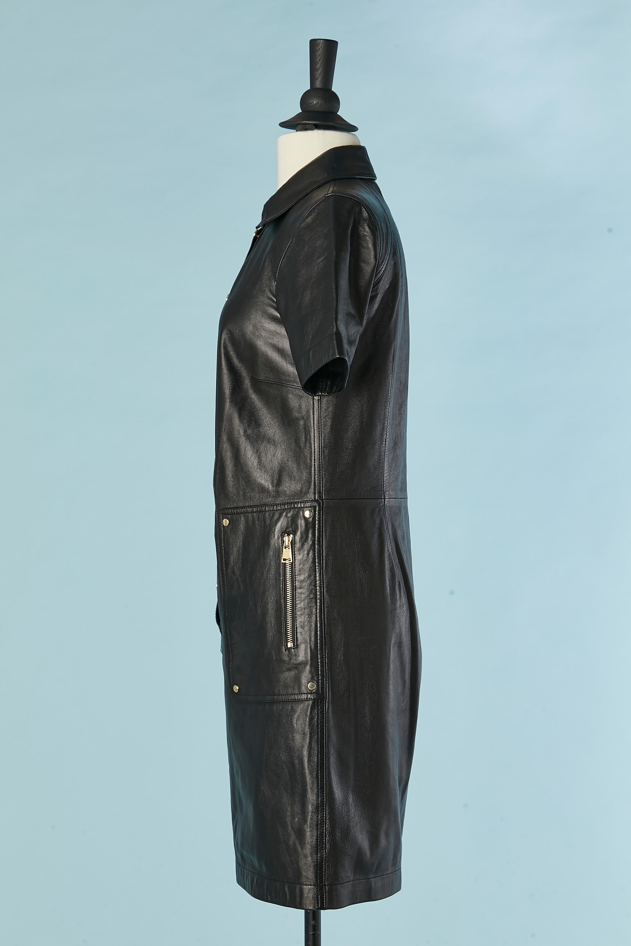 Women's Black leather dress with gold metal snap and zipped pocket For Sale