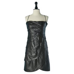 Black leather dress with ruffles cut-work VAKKO