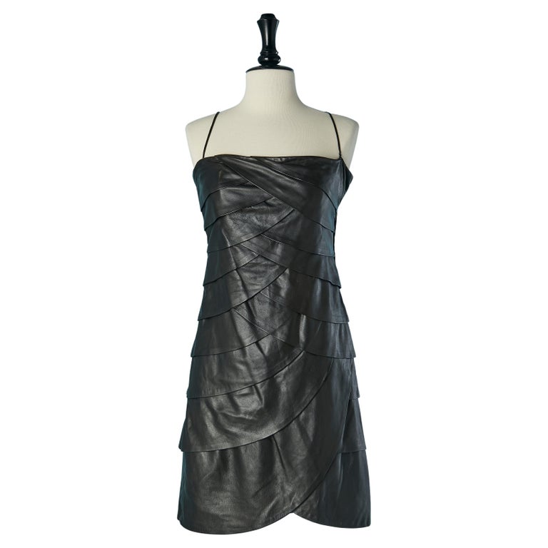knee length dresses for ladies Black Faux Leather Ruffle Sleeve Mini Shift Dress
