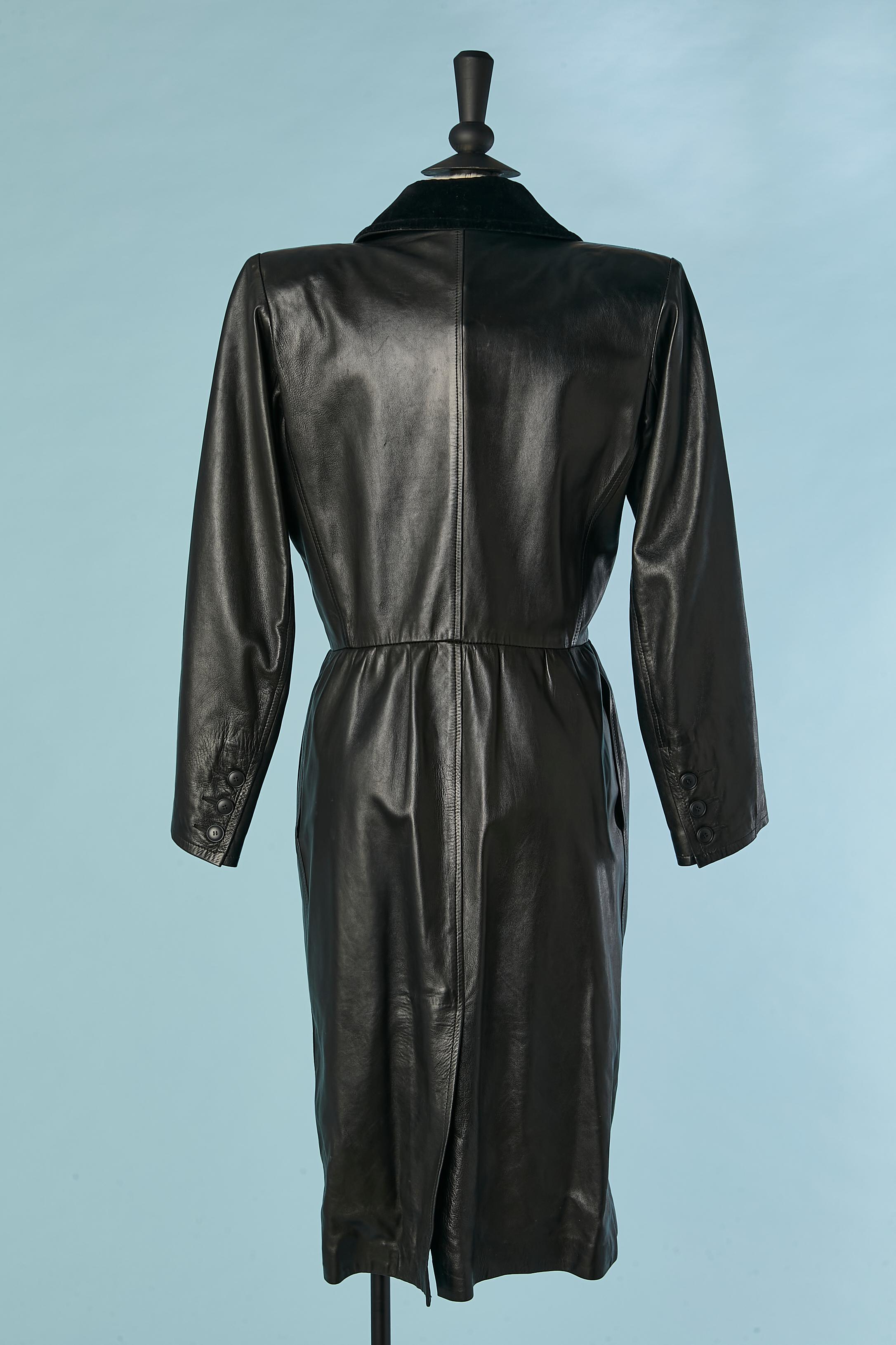 Black leather dress with velvet collar Saint Laurent Rive Gauche For Sale 2
