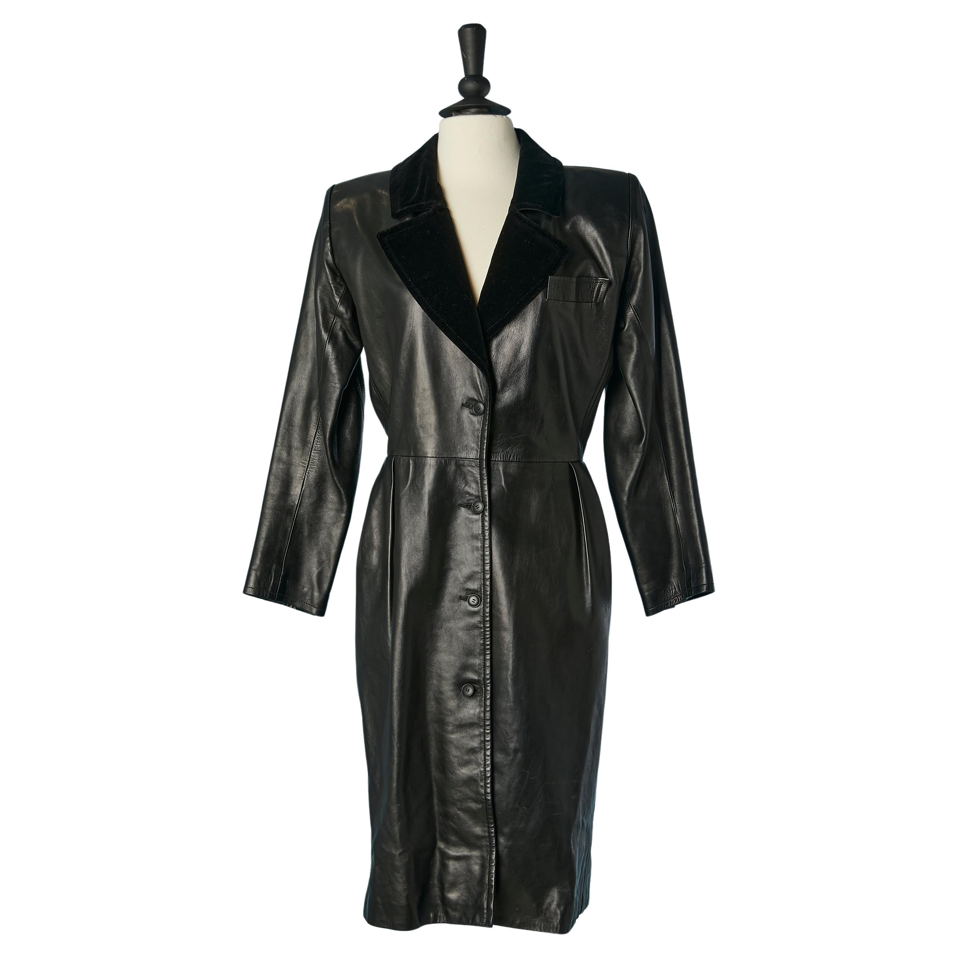 Black leather dress with velvet collar Saint Laurent Rive Gauche For Sale