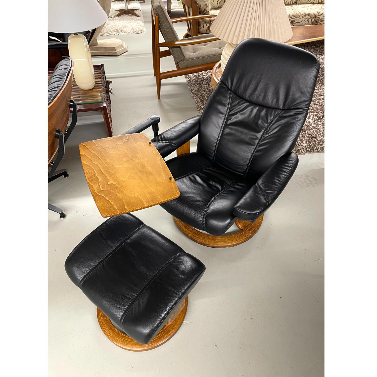 Norwegian Black Leather Ekornes Stressless Recliner with Ottoman and Telescoping Table