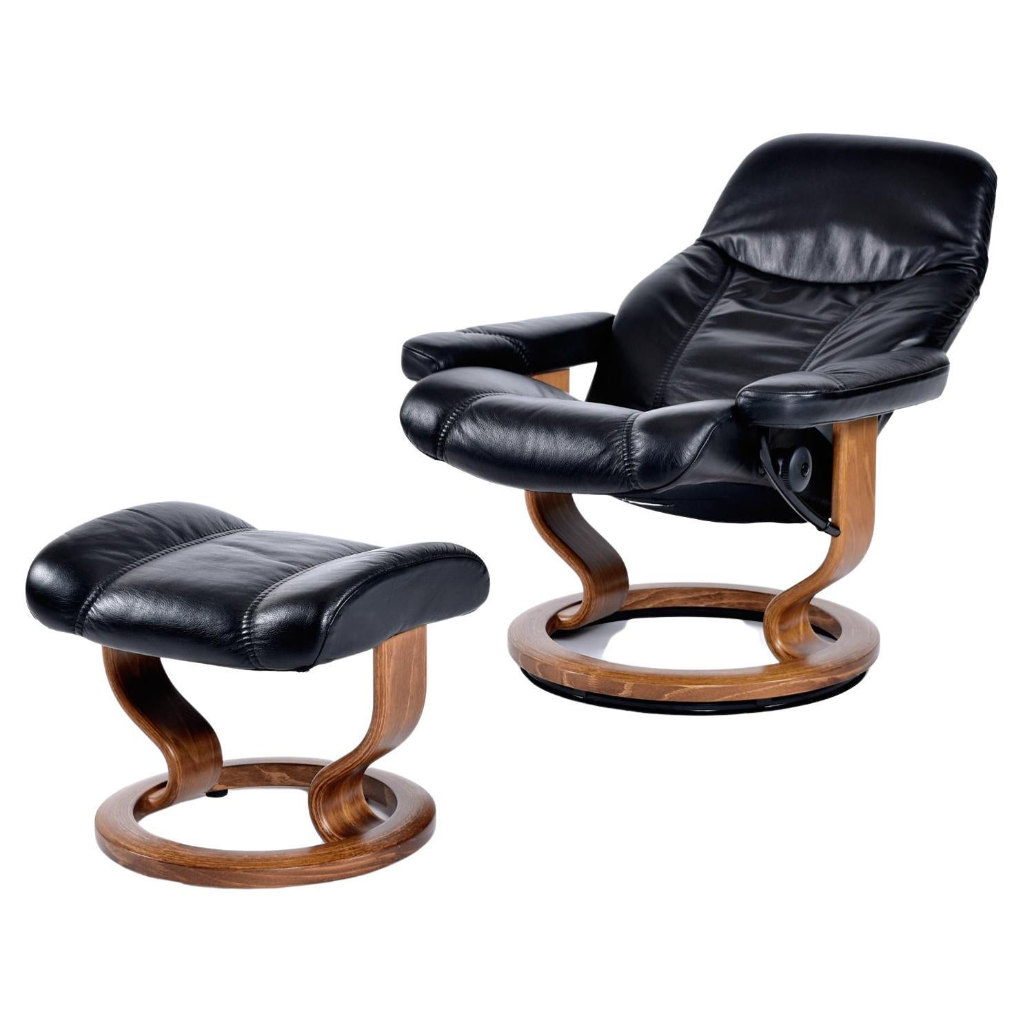 Mid-Century Modern Black Leather Ekornes Stressless Recliner with Ottoman and Telescoping Table