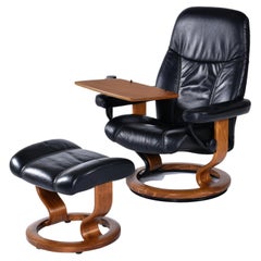 Retro Black Leather Ekornes Stressless Recliner with Ottoman and Telescoping Table