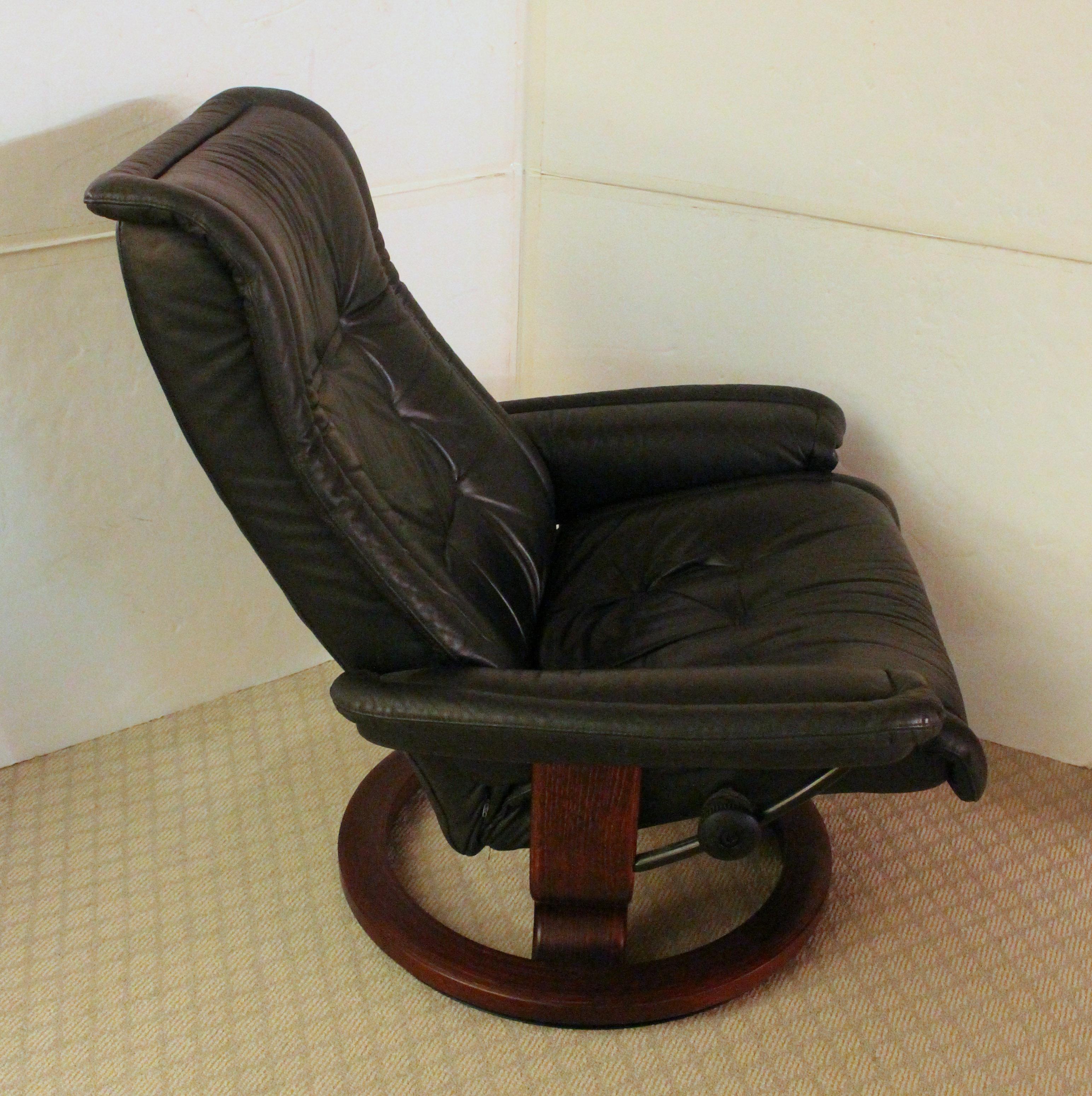 Norwegian Black Leather Ekornes Stressless Reclining Chair and Ottoman