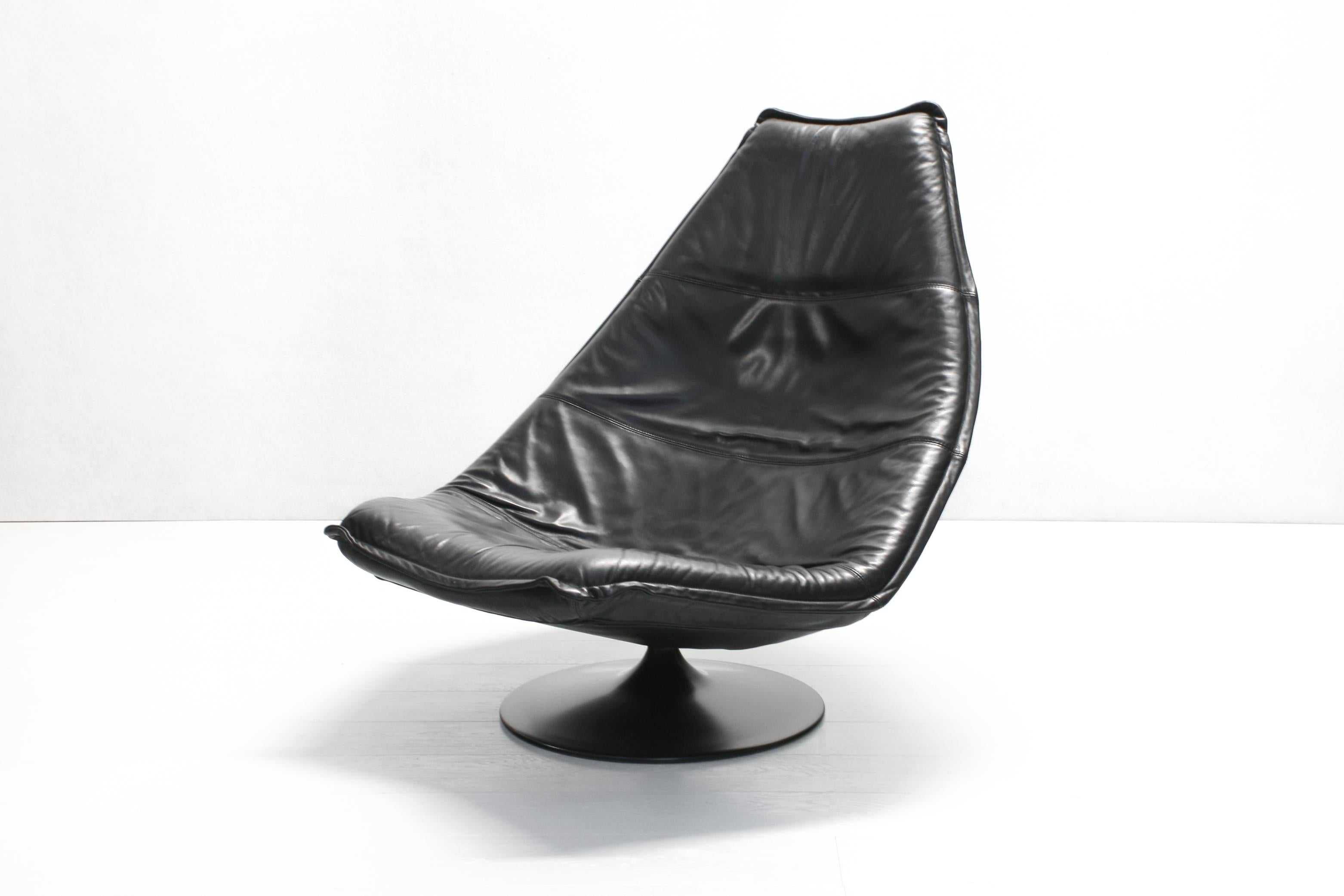 Space Age Black Leather F585 Swivel Lounge Chair by Geoffrey Harcourt for Artifort, 1970s