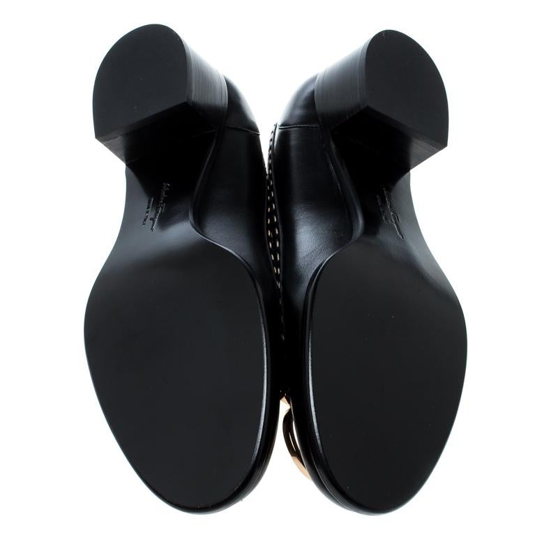 Women's Black Leather Fele Gancio Detail Block Heel Loafer Pumps Size 41