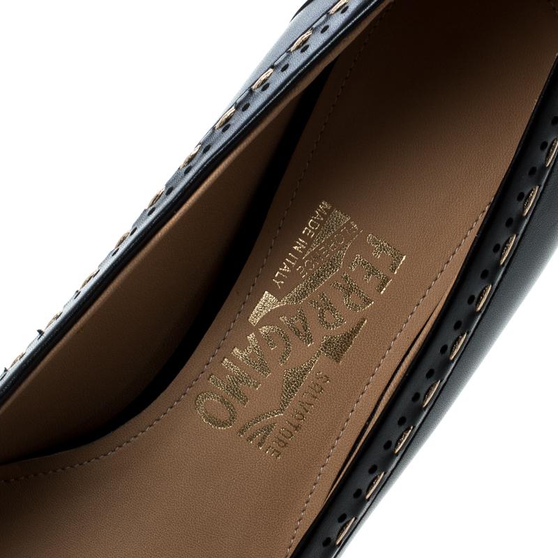 Black Leather Fele Gancio Detail Block Heel Loafer Pumps Size 41 1