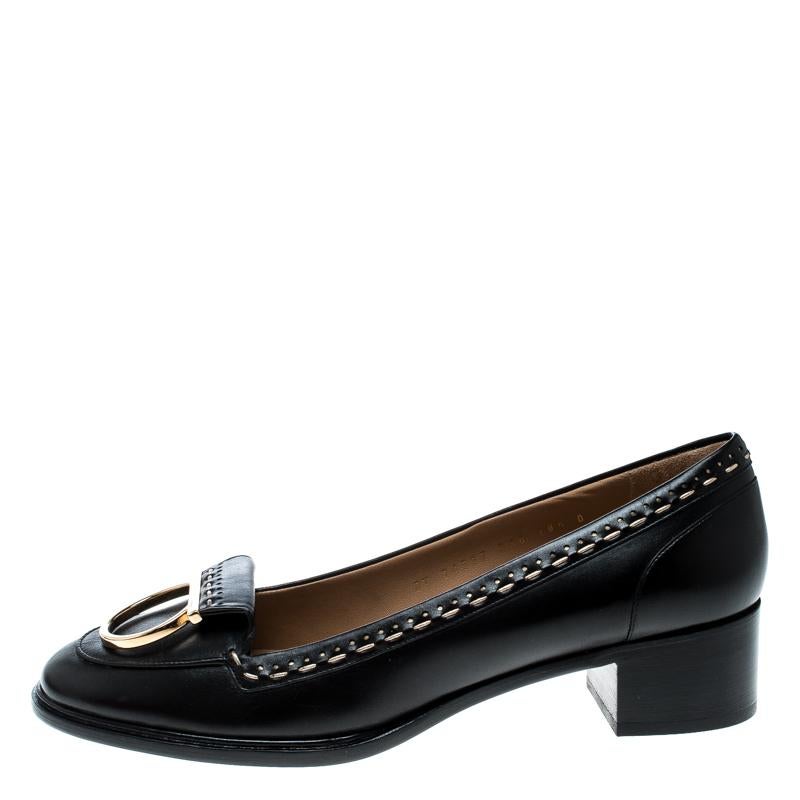 Black Leather Fele Gancio Detail Block Heel Loafer Pumps Size 41 2