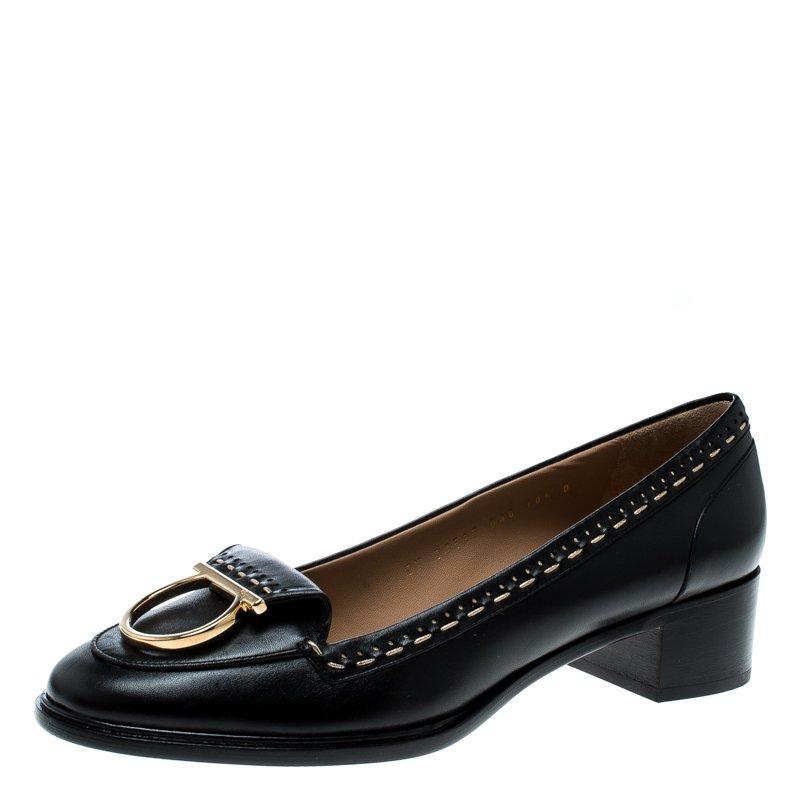 Black Leather Fele Gancio Detail Block Heel Loafer Pumps Size 41