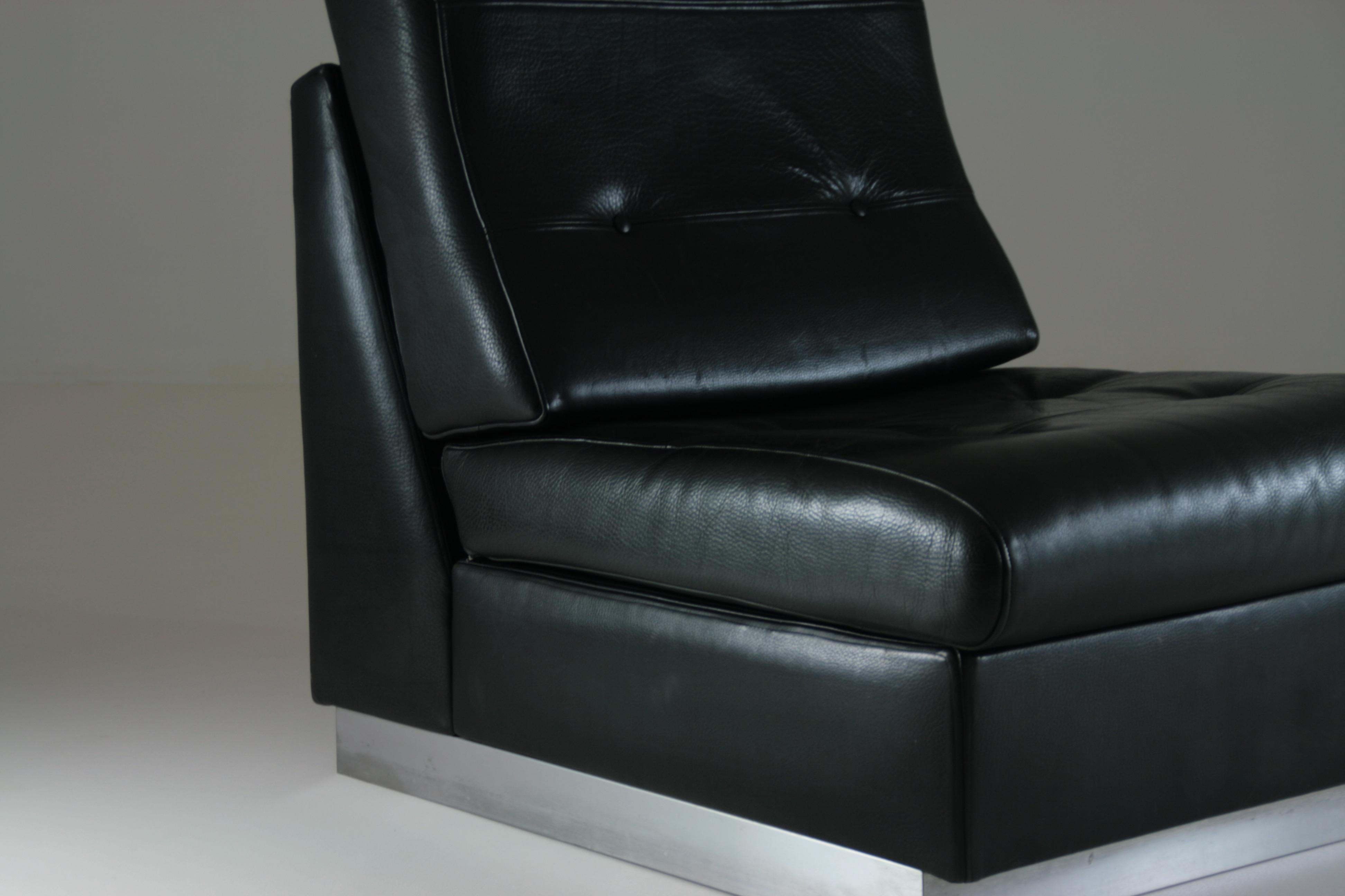 Black Leather Fireside Chair Attributed to Jacques Charpentier, France, 1970s For Sale 4