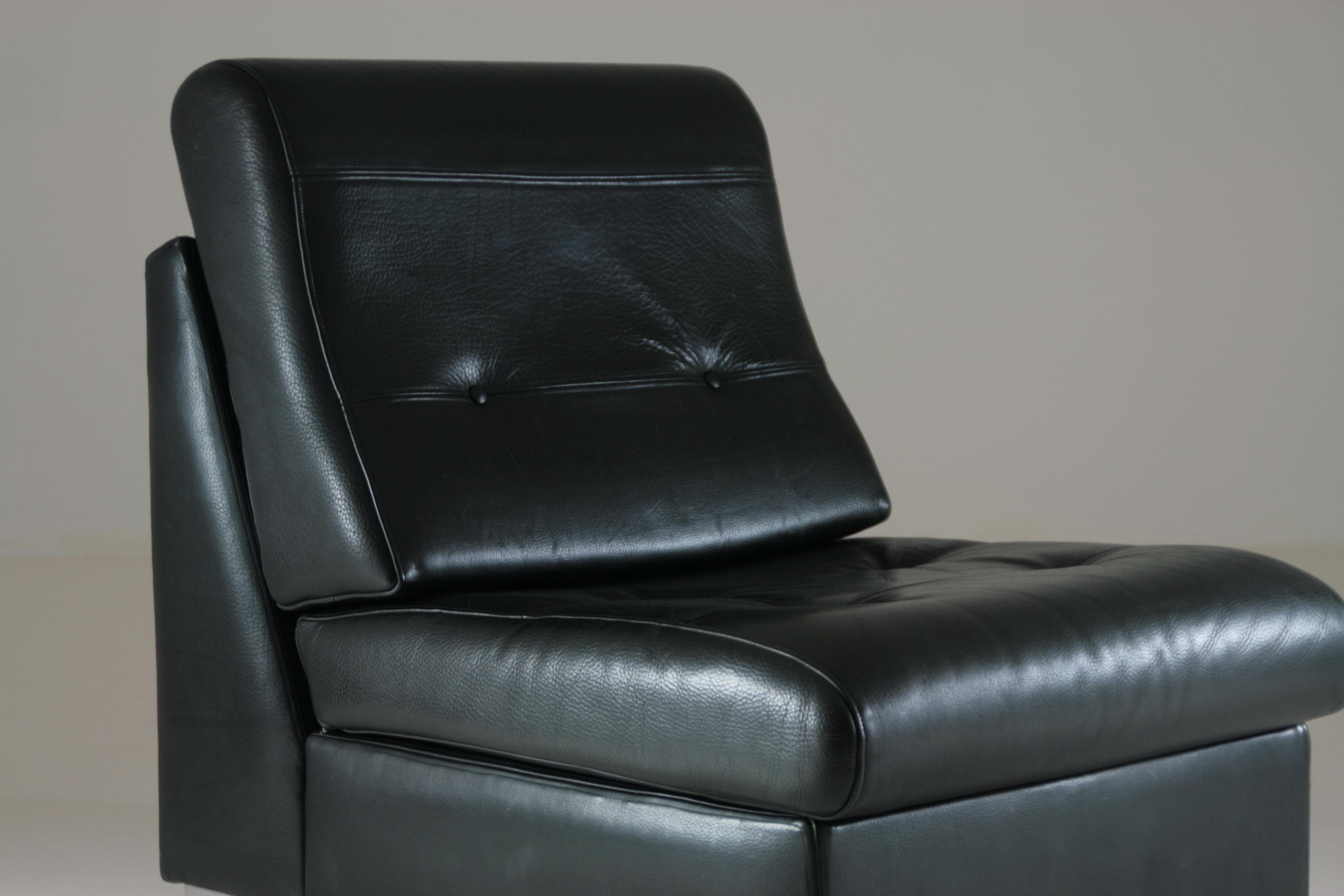 Black Leather Fireside Chair Attributed to Jacques Charpentier, France, 1970s For Sale 5