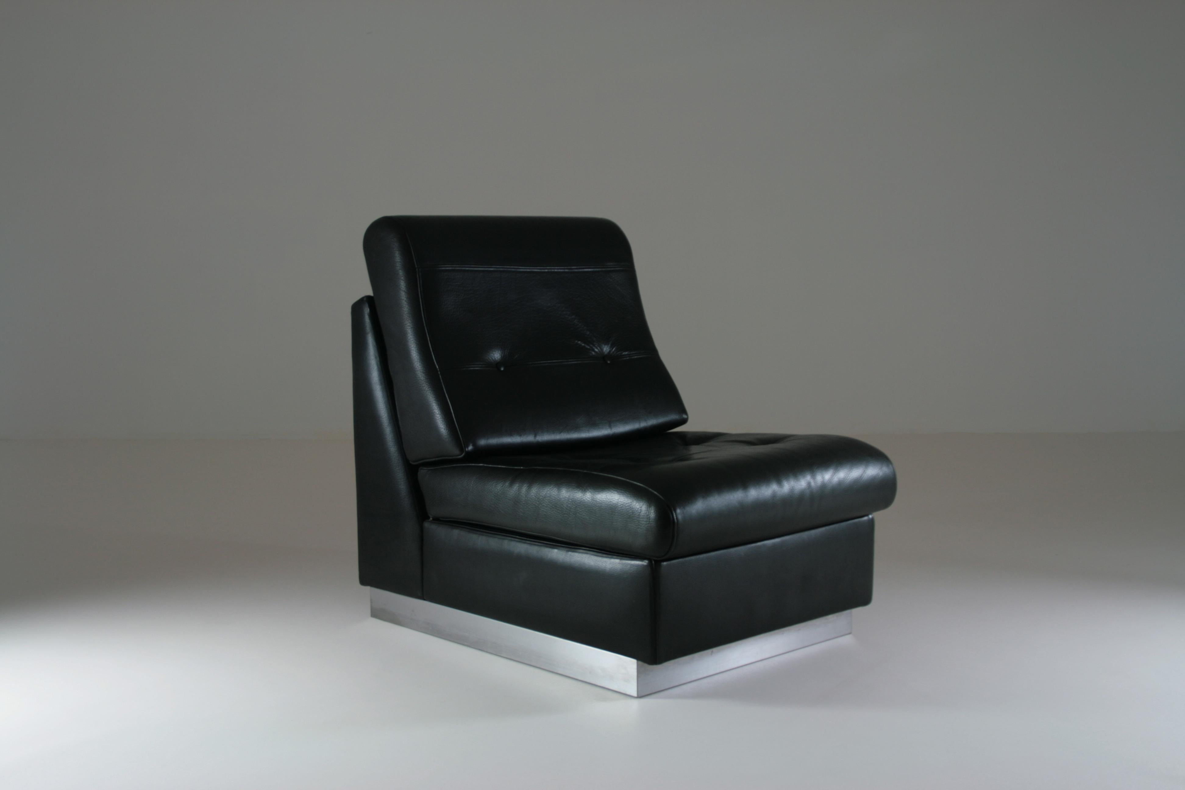 Black Leather Fireside Chair Attributed to Jacques Charpentier, France, 1970s For Sale 6