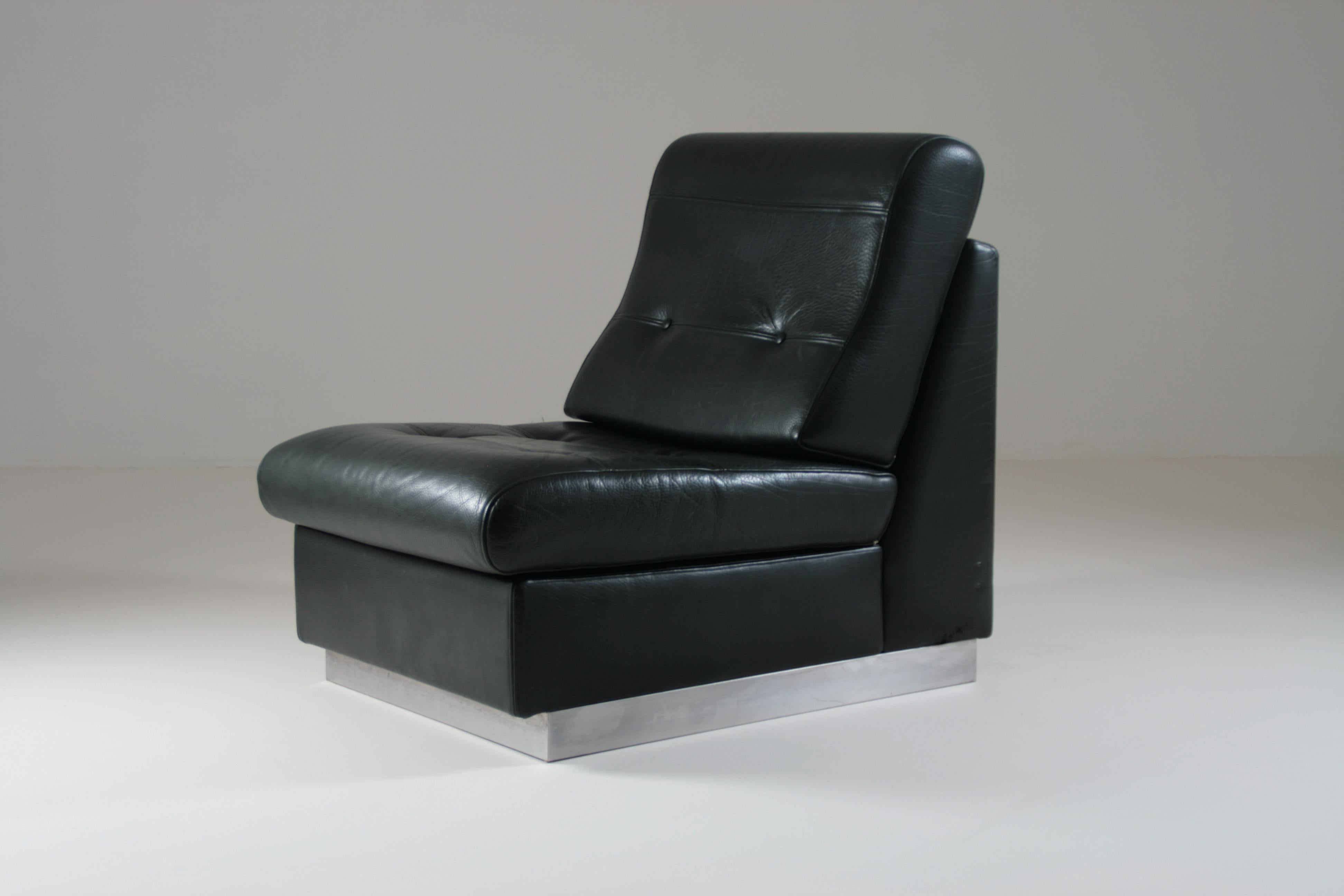Black Leather Fireside Chair Attributed to Jacques Charpentier, France, 1970s For Sale 7