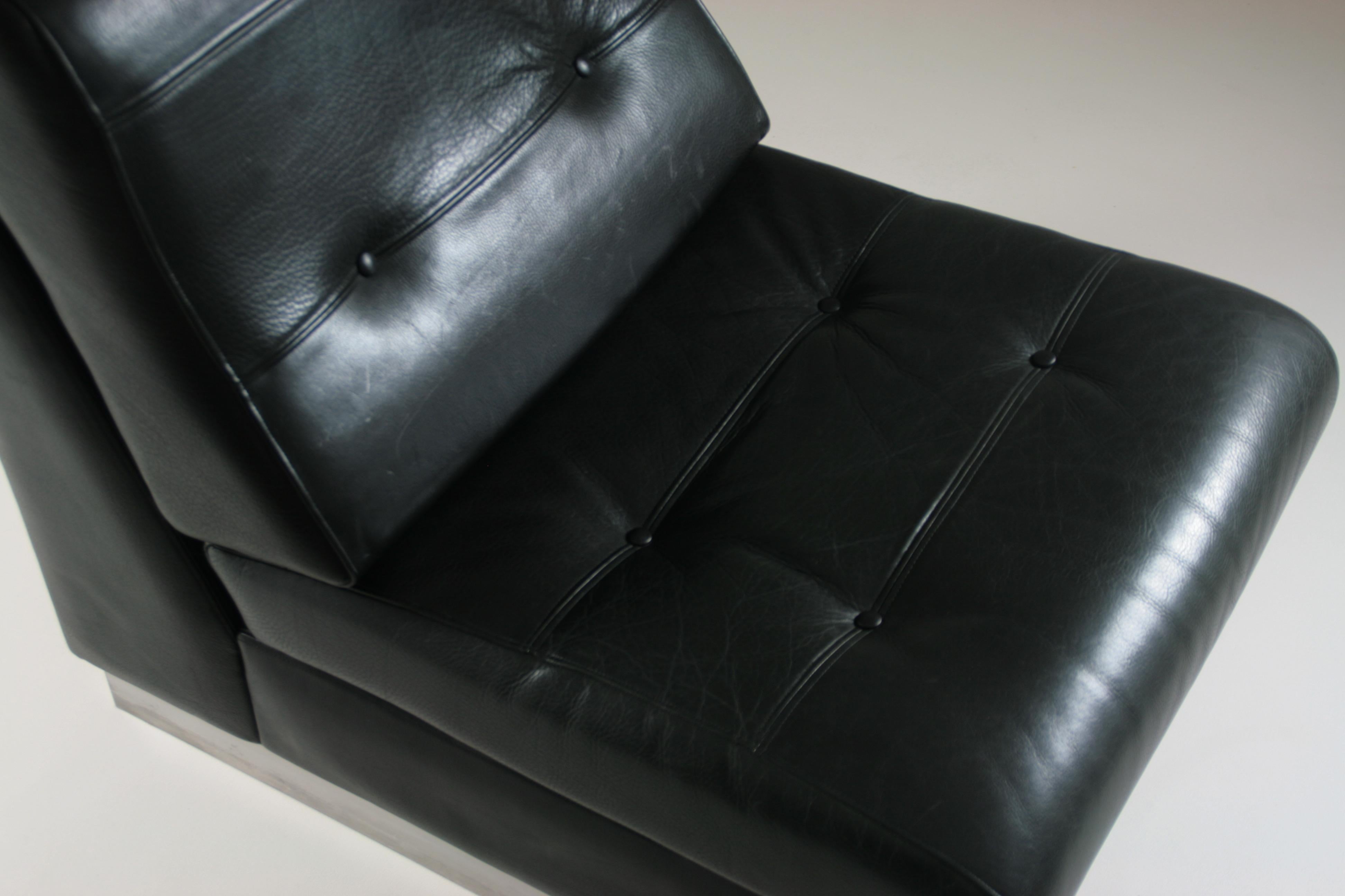 Black Leather Fireside Chair Attributed to Jacques Charpentier, France, 1970s For Sale 9