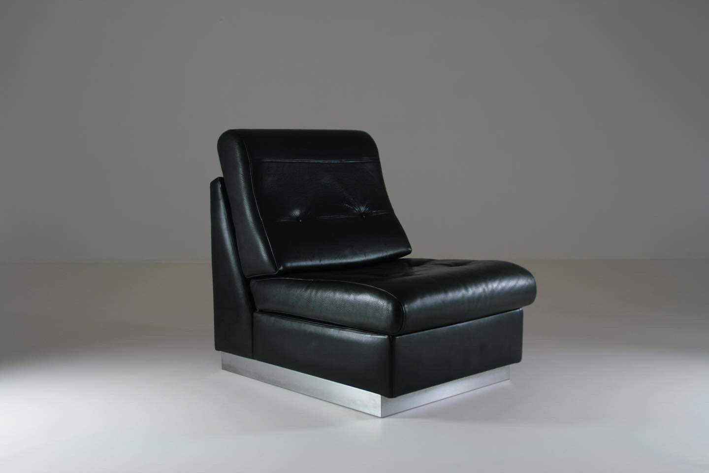 French Black Leather Fireside Chair Attributed to Jacques Charpentier, France, 1970s For Sale