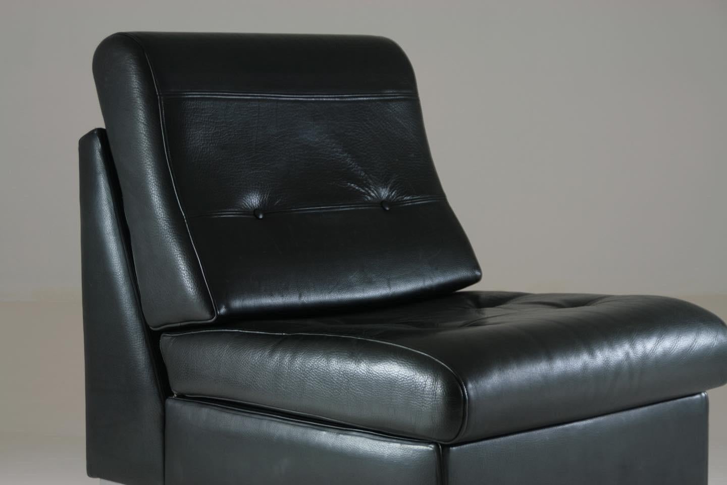 20th Century Black Leather Fireside Chair Attributed to Jacques Charpentier, France, 1970s For Sale