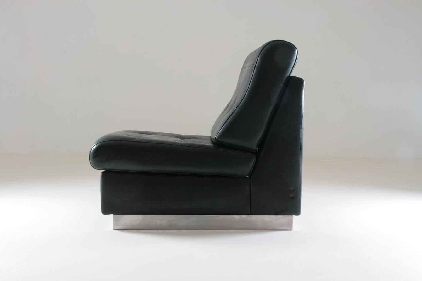 Metal Black Leather Fireside Chair Attributed to Jacques Charpentier, France, 1970s For Sale