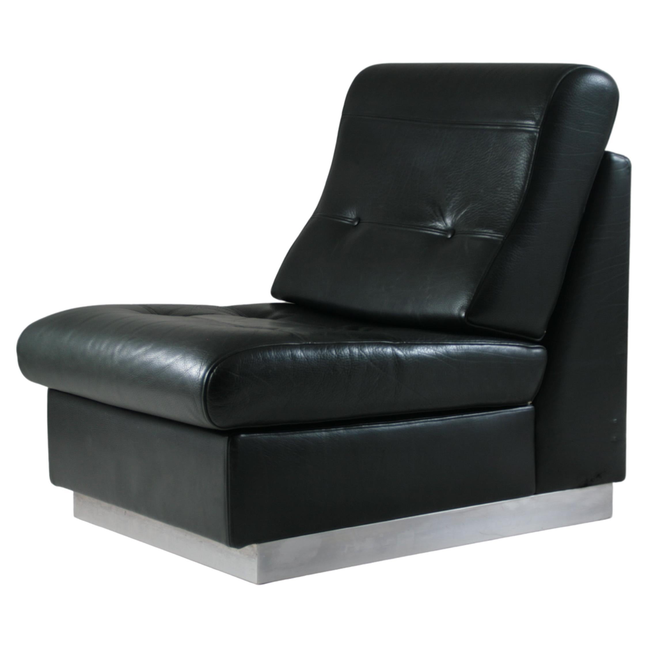 Black Leather Fireside Chair Attributed to Jacques Charpentier, France, 1970s For Sale