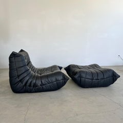 Black Leather Fireside Togo and Ottoman by Ligne Roset, 1980s France