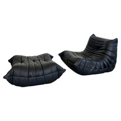 Black Leather Fireside Togo and Ottoman by Ligne Roset, 1980s France