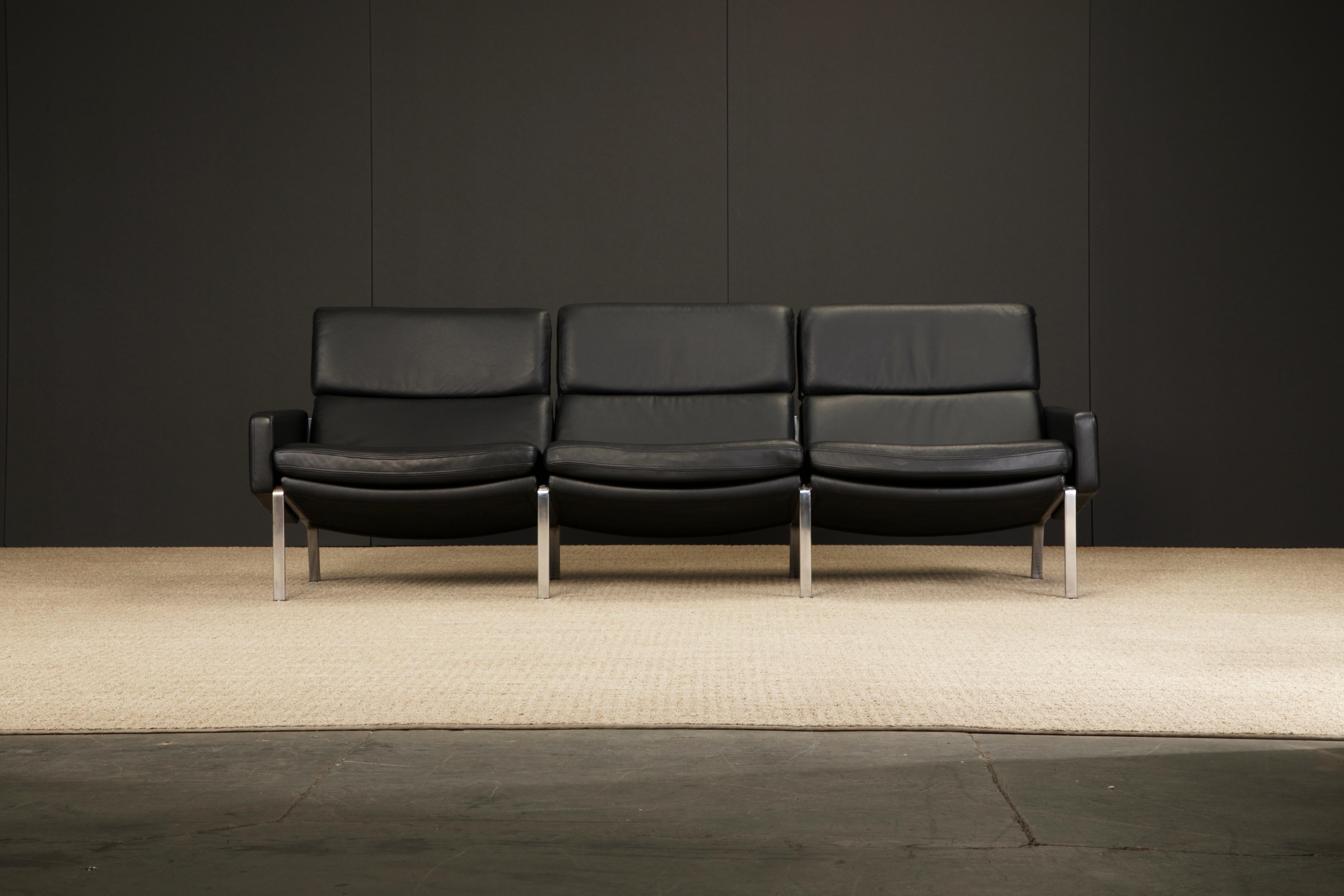 Here's a rarely seen design - this circa 1970s 'FK-883' sofa in black leather by Preben Fabricius & Jorgen Kastholm for Alfred Kill International and distributed by Harvey Probber in gorgeous thick black leather on steel frame  is in beautiful