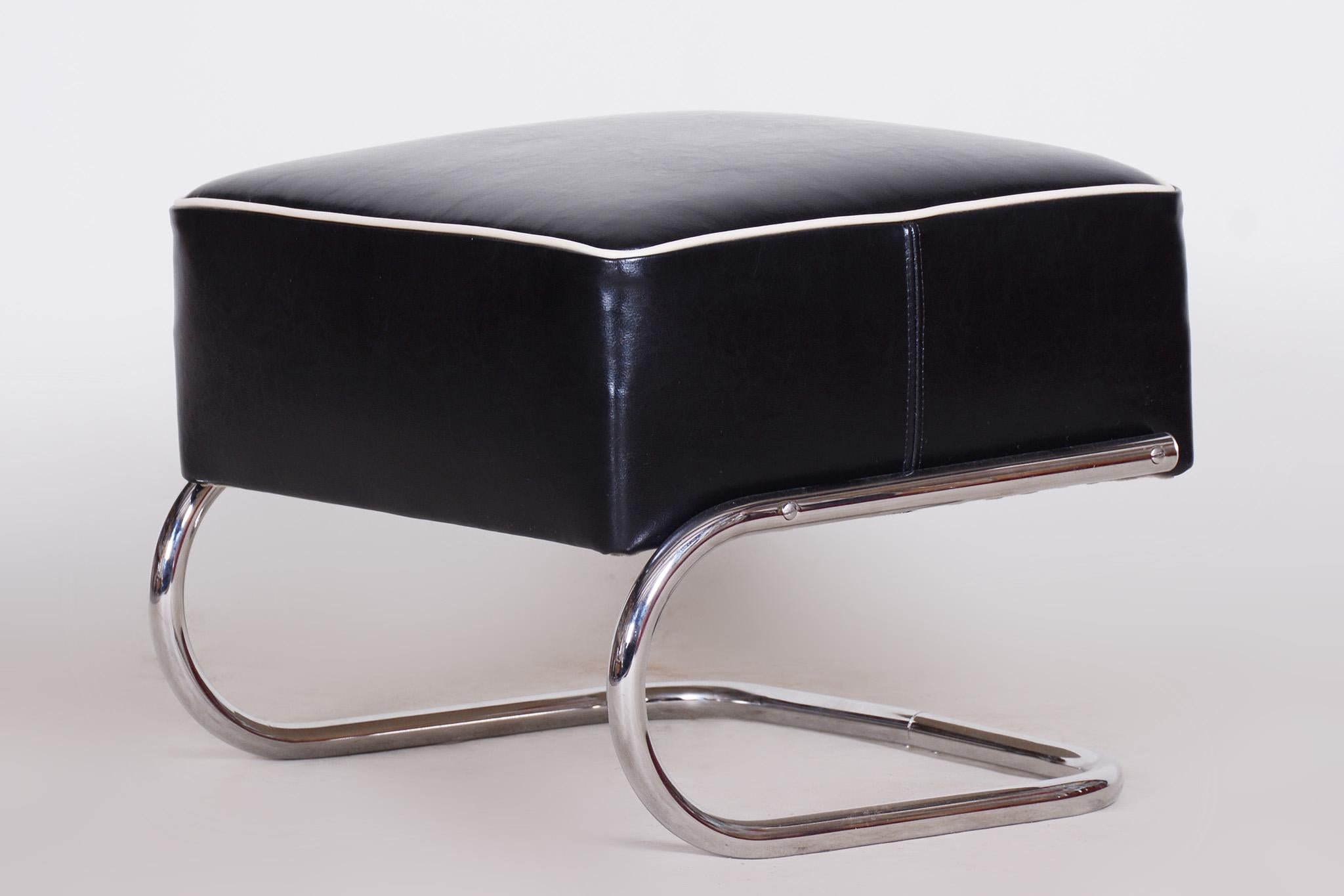 Mid-20th Century Black Leather Foot Stool, 1930s Czechia, Made by Slezák For Sale