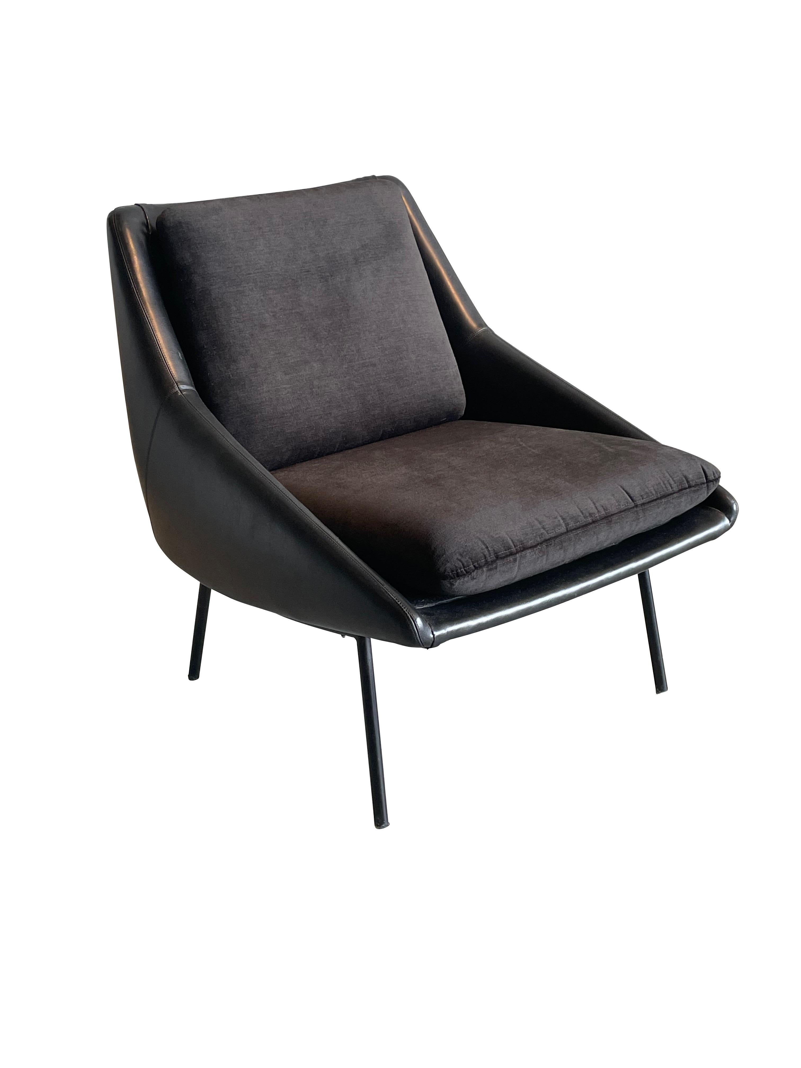 1950's French Joseph Andre Motte pair black  leather framed chairs.
Loose back cushion.
Black mohair velvet upholstery.
