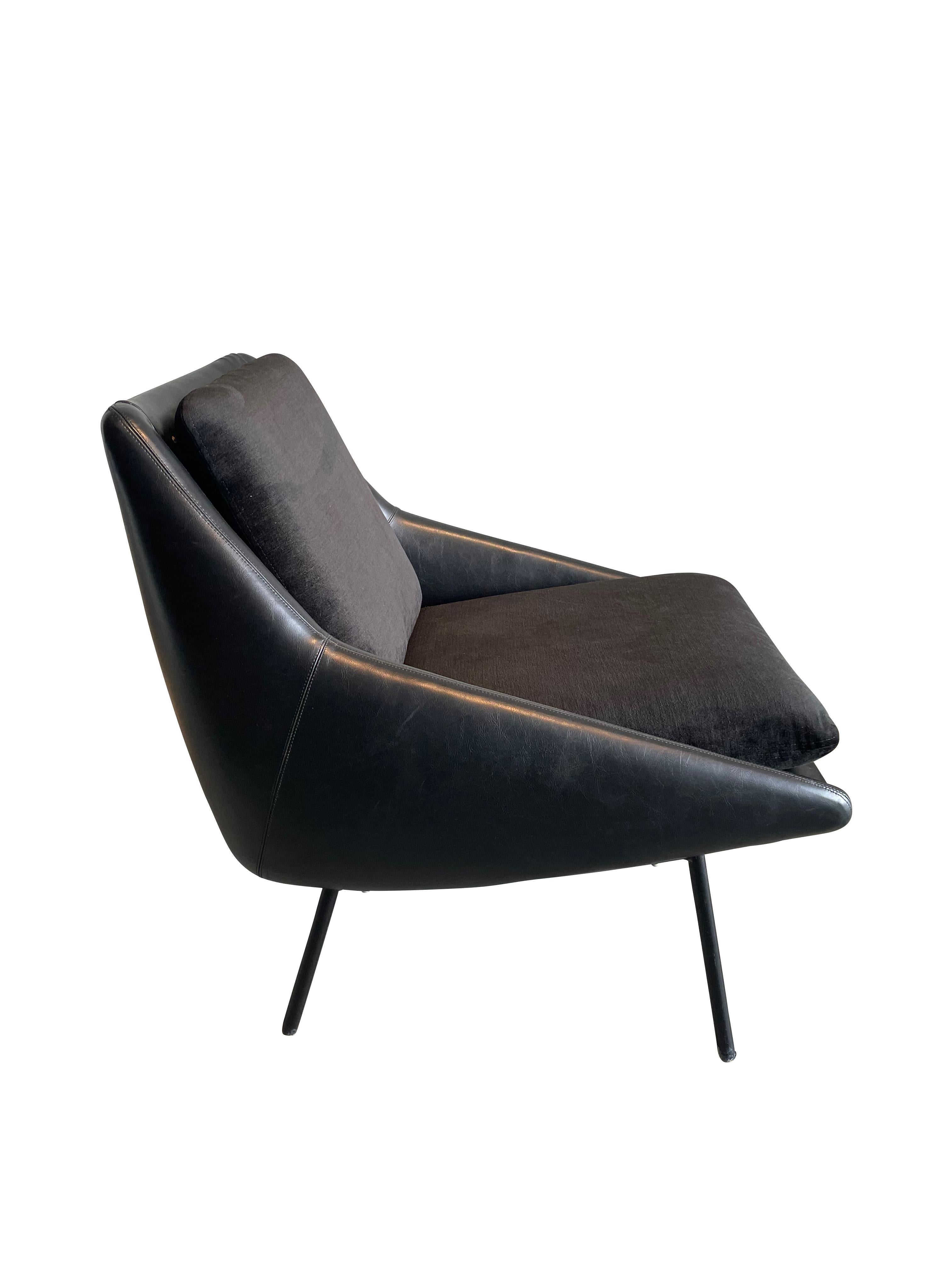 French Black Leather Frame Joseph Andre Mott Pair Chairs, France, 1950s For Sale