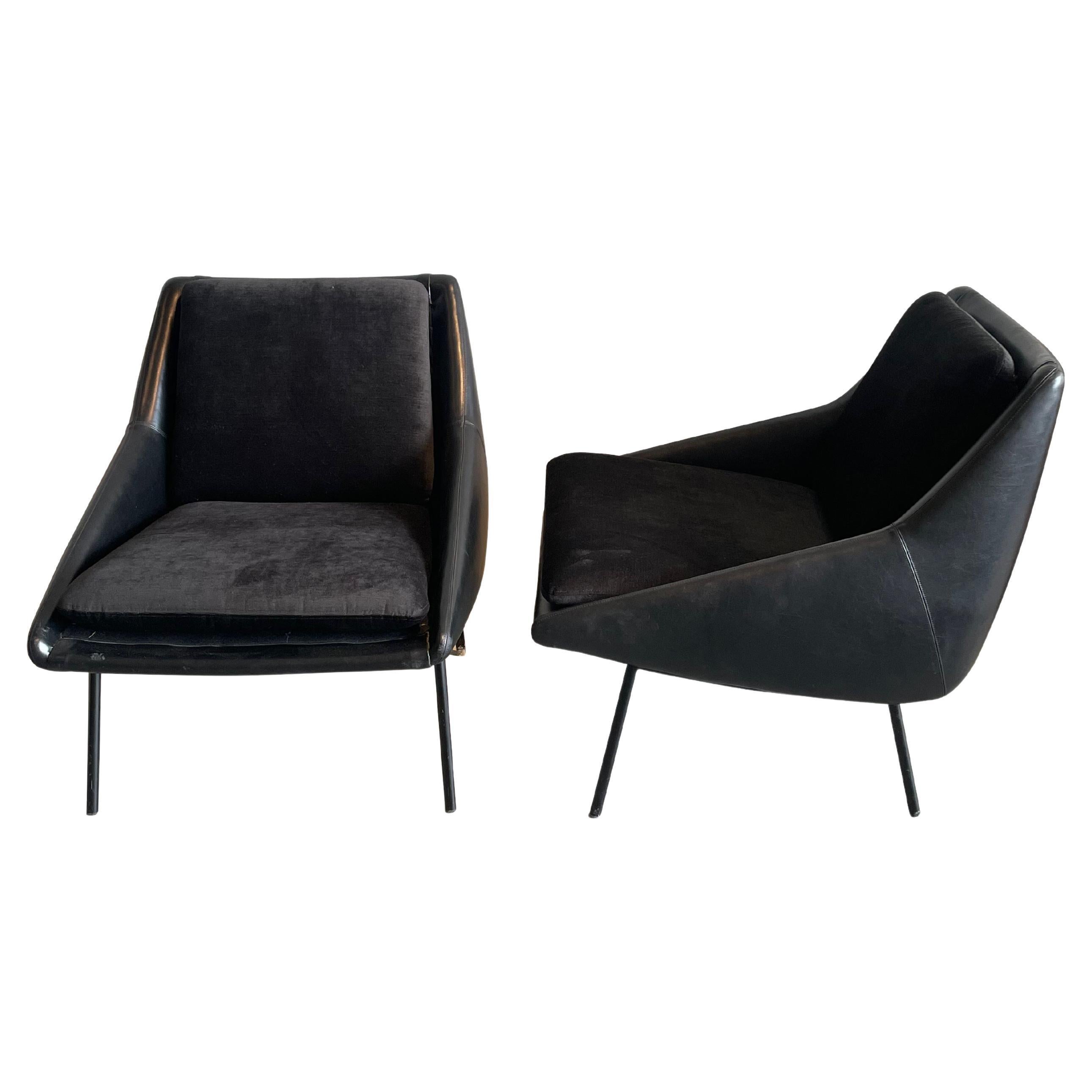 Black Leather Frame Joseph Andre Mott Pair Chairs, France, 1950s For Sale