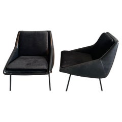 Black Leather Frame Joseph Andre Mott Pair Chairs, France, 1950s