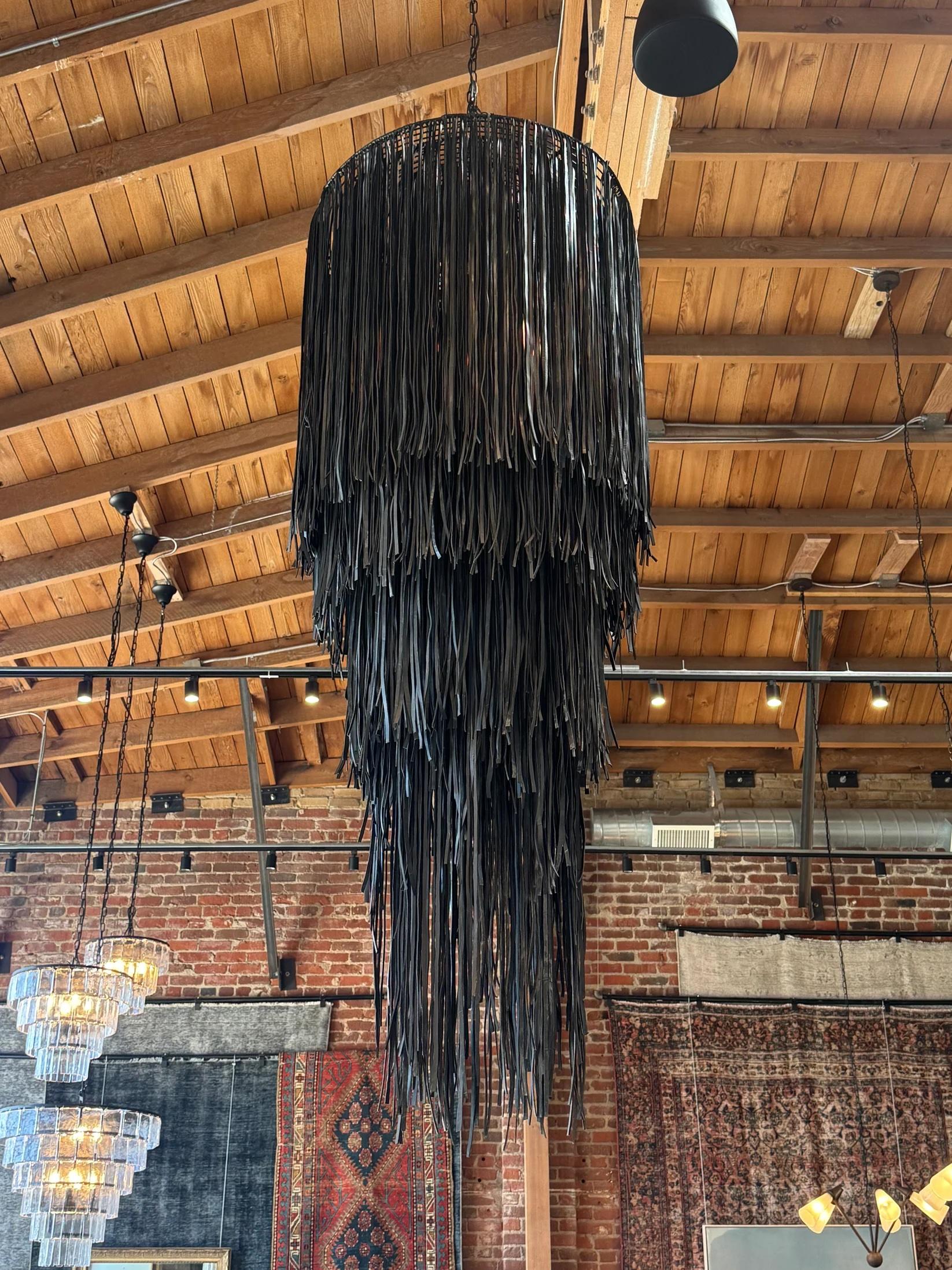 North American Black Leather Fringe Chandelier For Sale