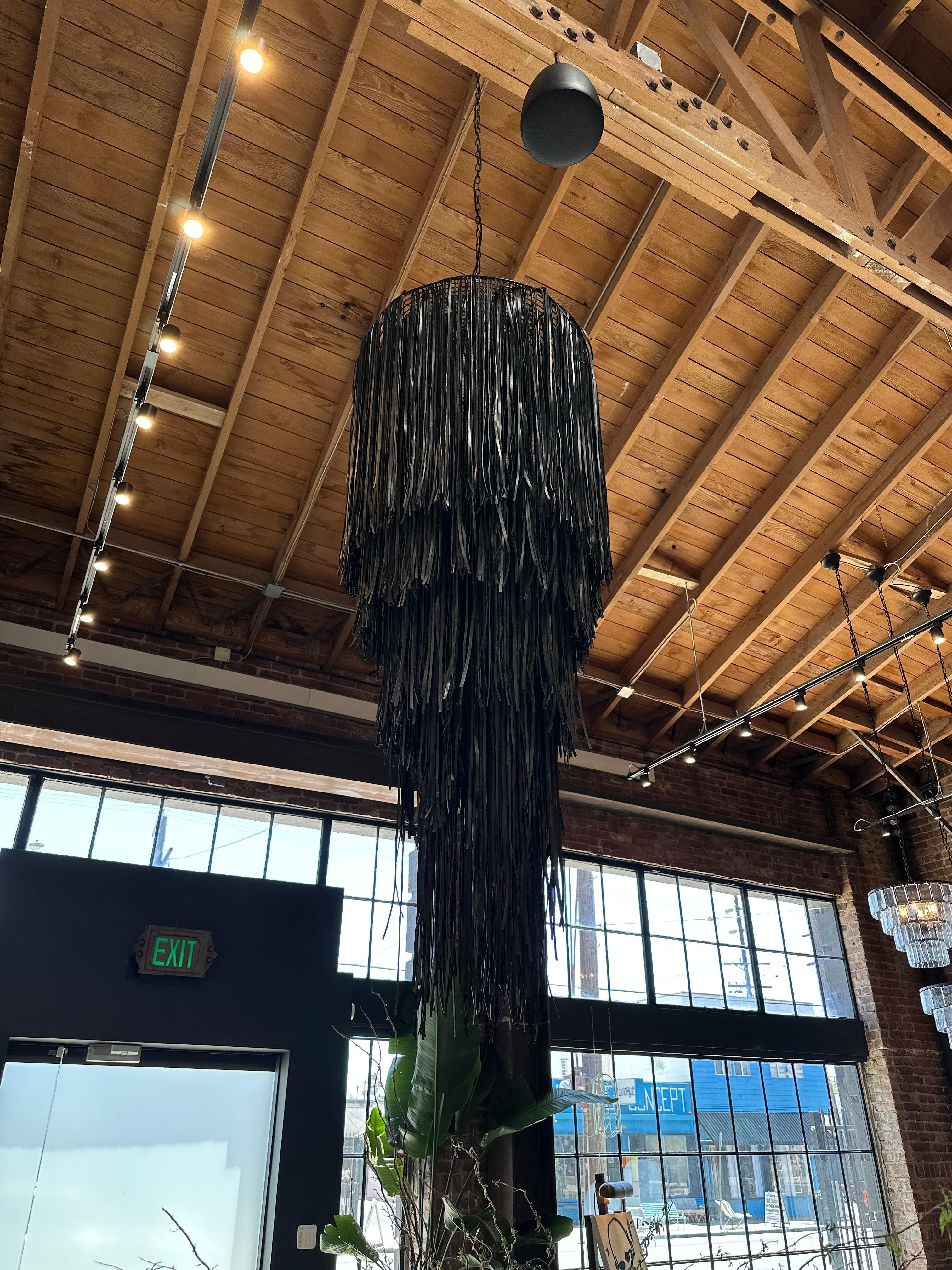 Black Leather Fringe Chandelier In Excellent Condition For Sale In Los Angeles, CA