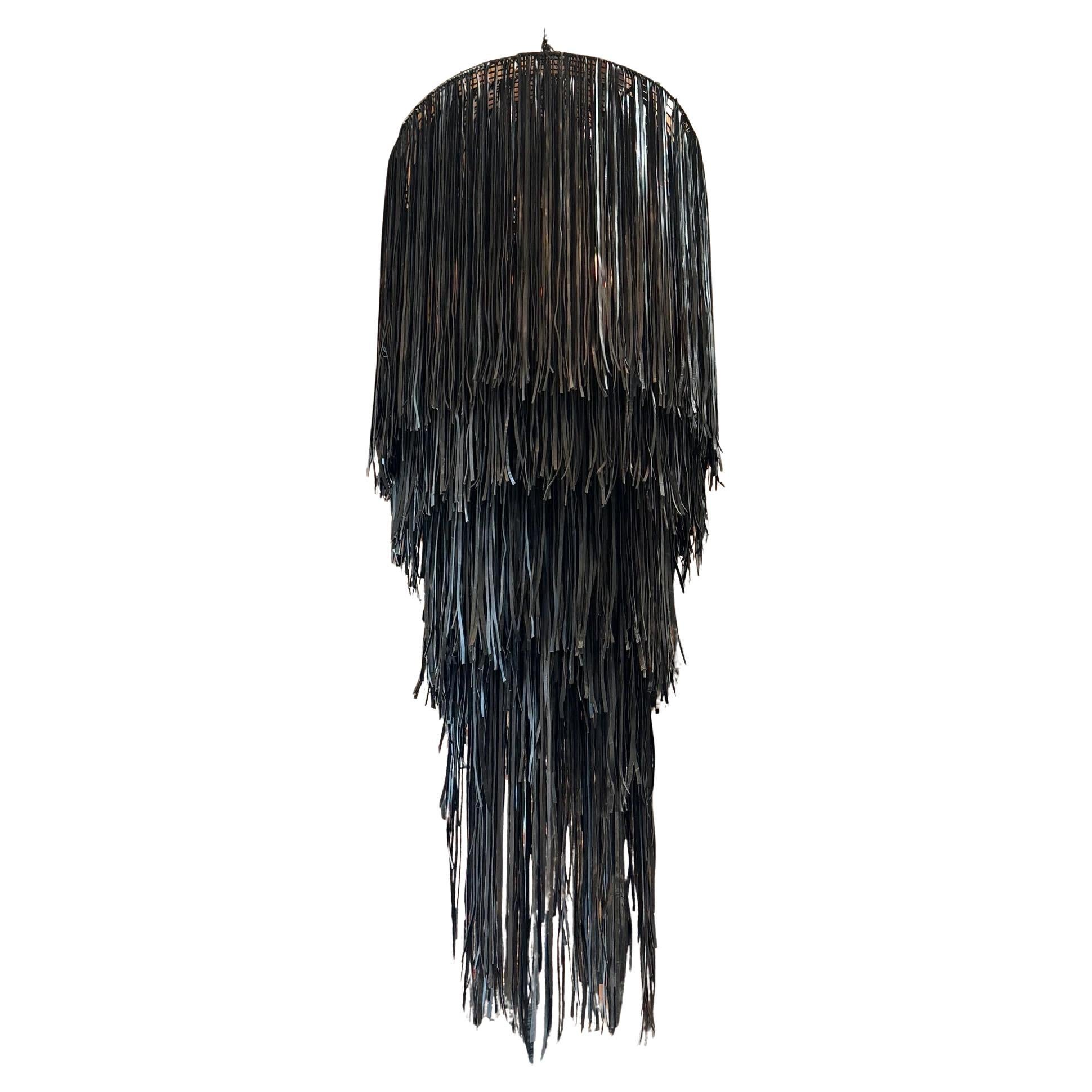Black Leather Fringe Chandelier For Sale