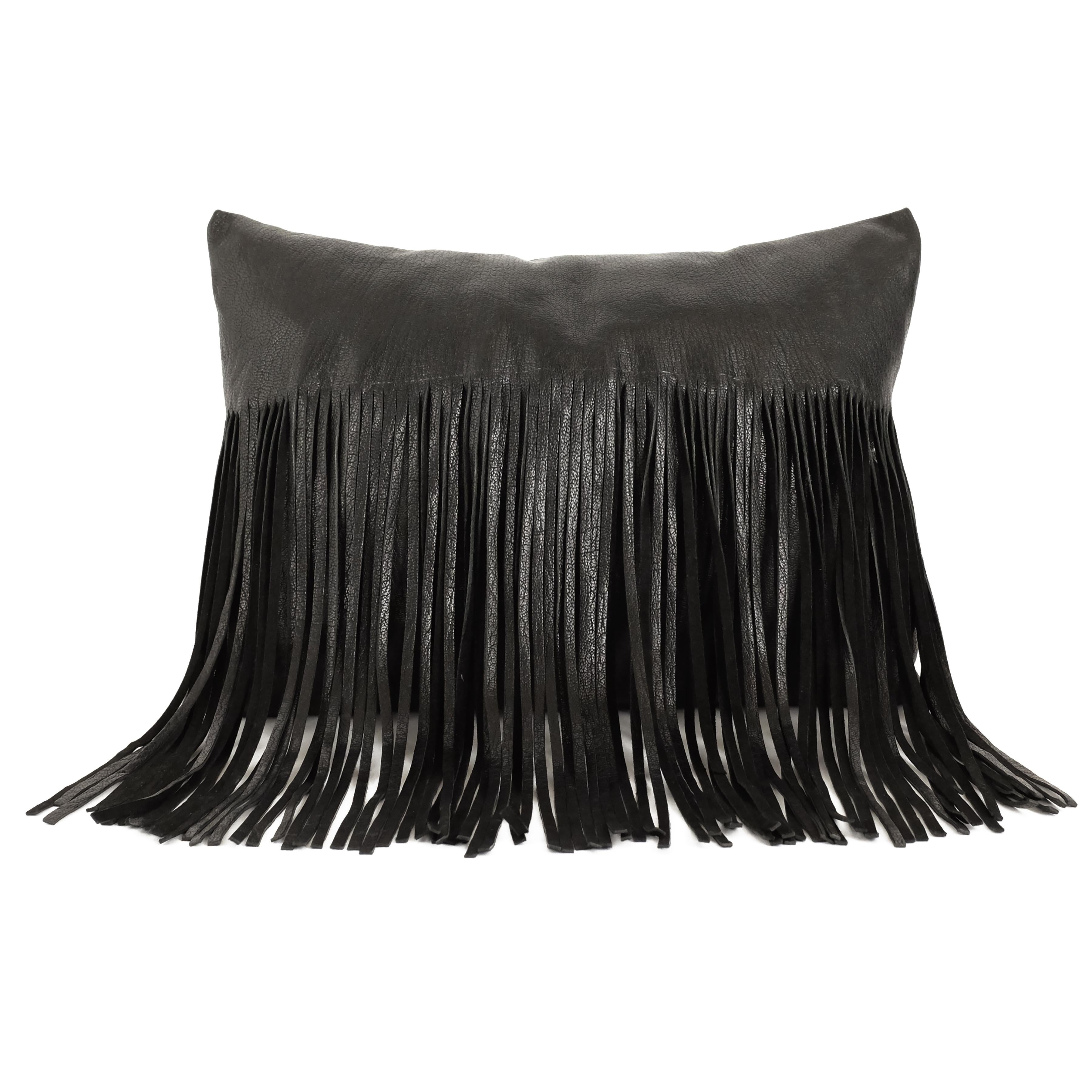 Designed to add flair, this handmade supple leather pillow has a smooth top that gracefully transforms into long hanging leather fringe adornment.

Also customizable a range of colors and sizes. Style no. ICU1603-SNG-TP. Production time 3-4 weeks.