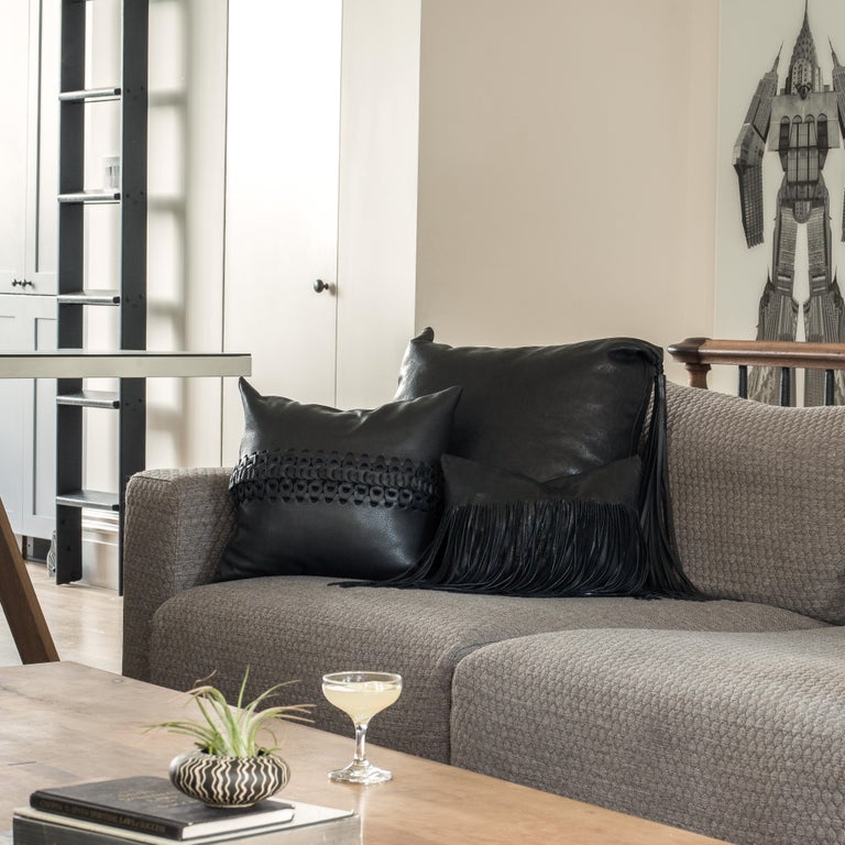 Small Fringe Pillow in Black Leather by Moses Nadel For Sale at 1stDibs