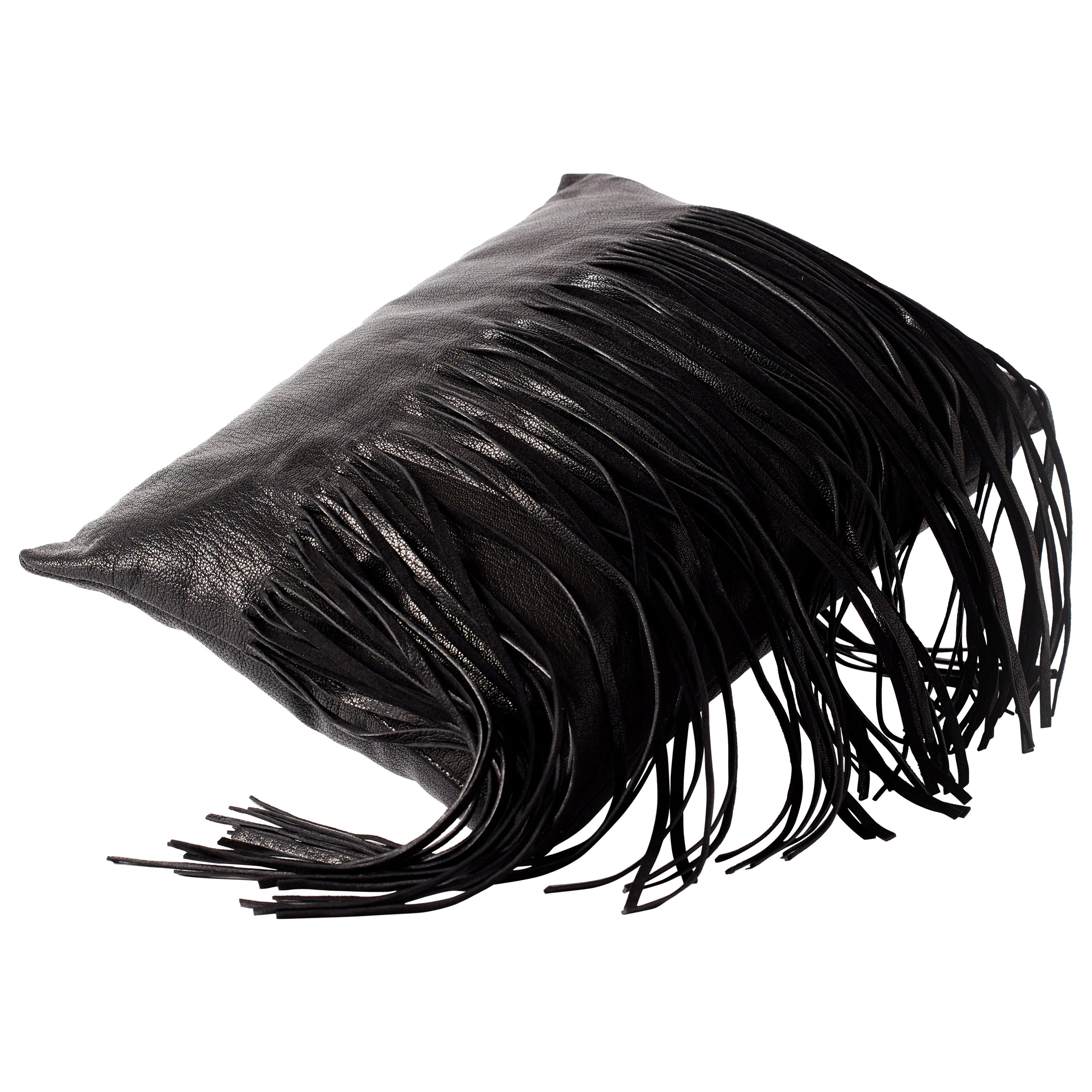Small Fringe Pillow in Black Leather by Moses Nadel